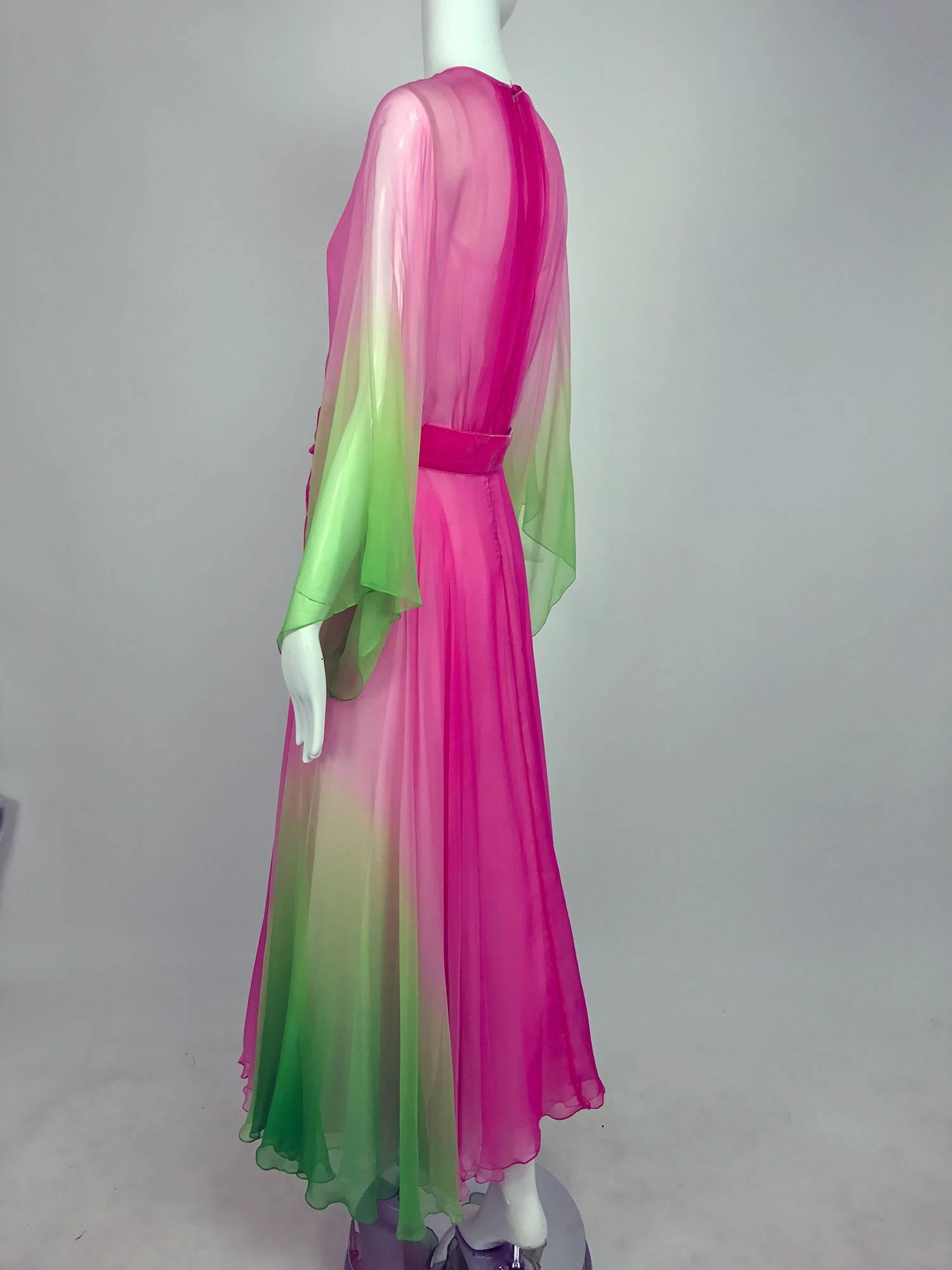 Women's Vintage pink and green ombred silk chiffon kimono sleeve maxi dress 1970s
