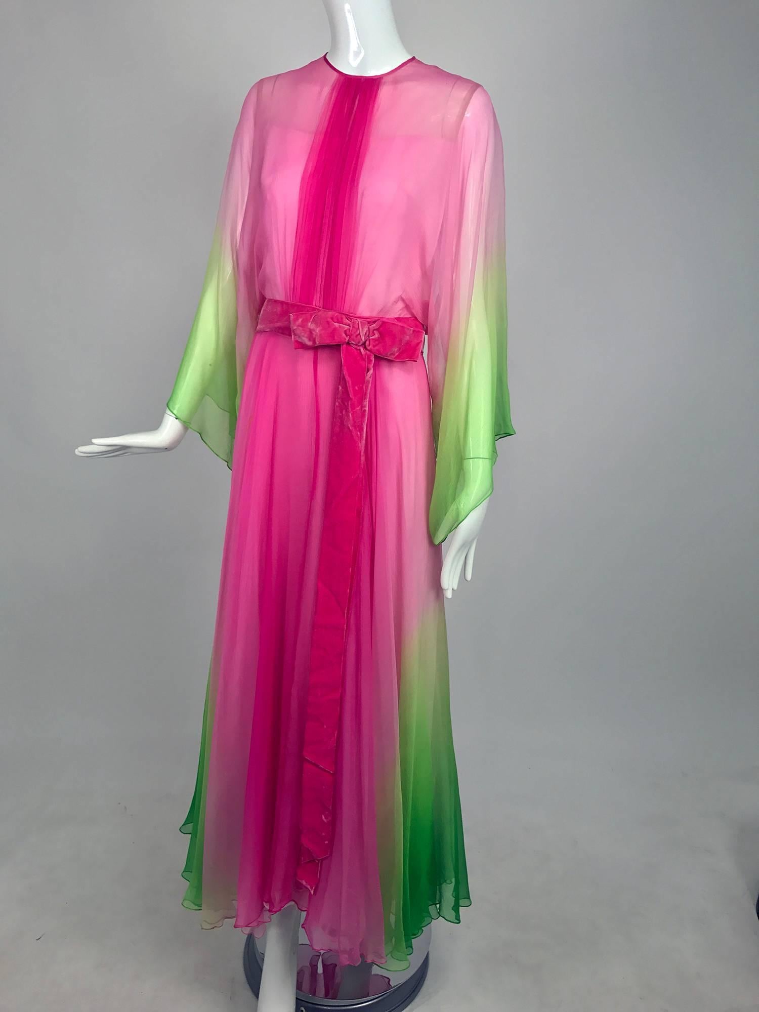Vintage pink and green ombred silk chiffon kimono sleeve maxi dress 1970s 1