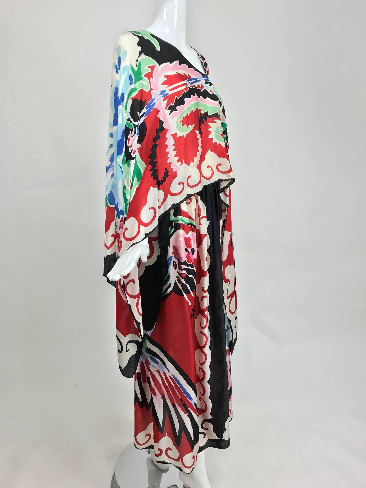 Gray Michaele Vollbracht silk print cape top and maxi dress museum piece 1980