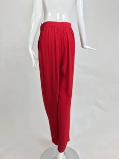 Vintage Yves Saint Laurent candy red satin back crepe full leg trousers 1990s