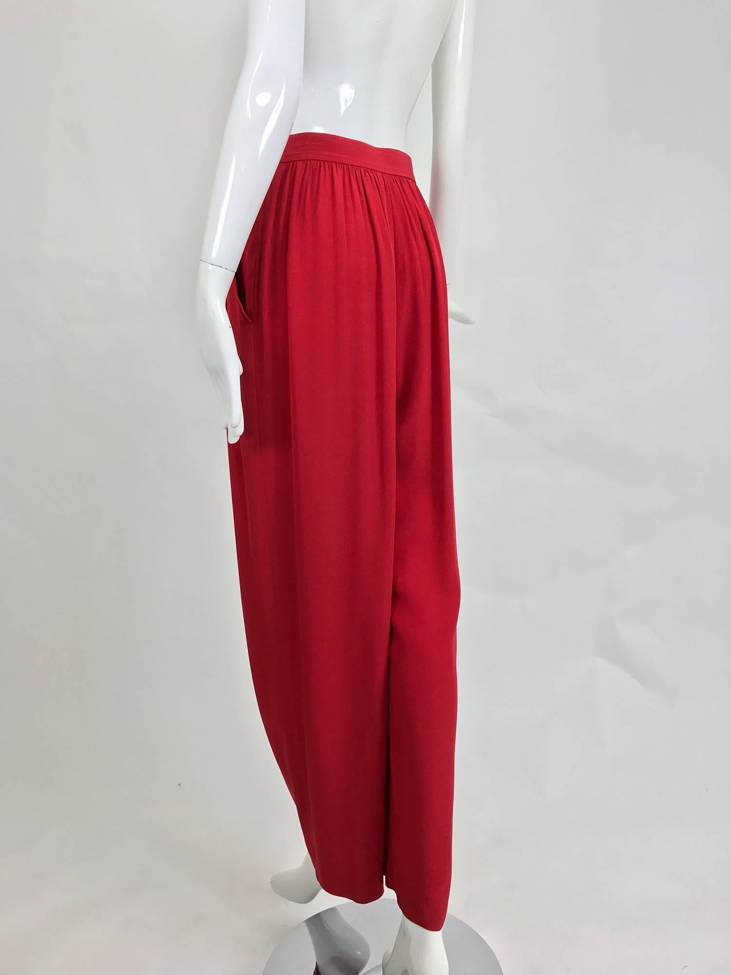 Red Vintage Yves Saint Laurent candy red satin back crepe full leg trousers 1990s