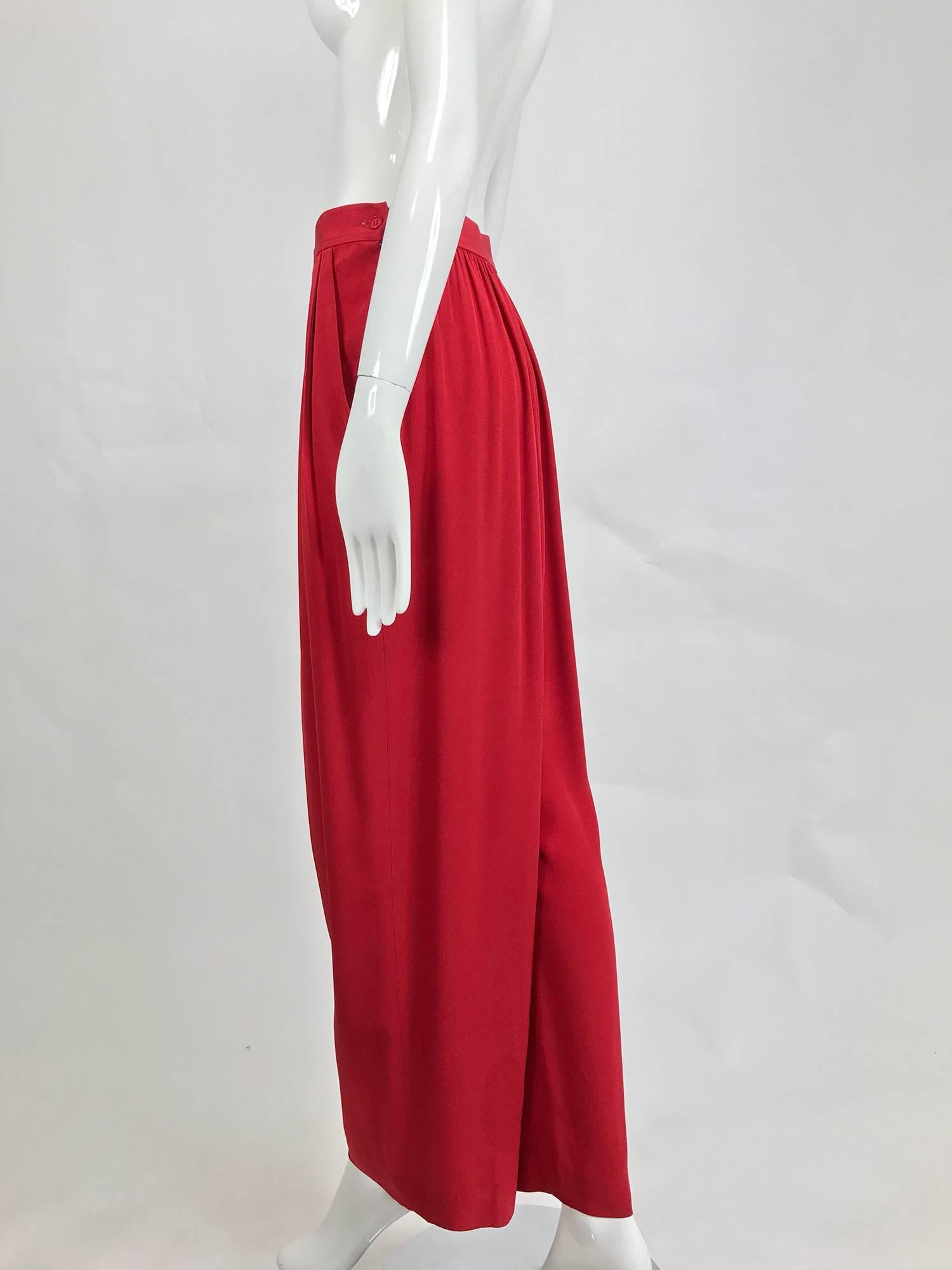 Vintage Yves Saint Laurent candy red satin back crepe full leg trousers 1990s In Excellent Condition In West Palm Beach, FL