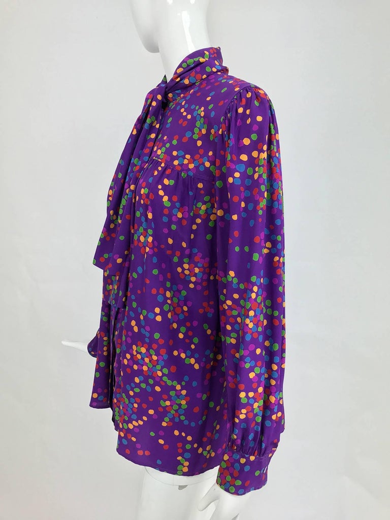 Vintage Yves Saint Laurent purple and coloured dots silk bow tie blouse ...
