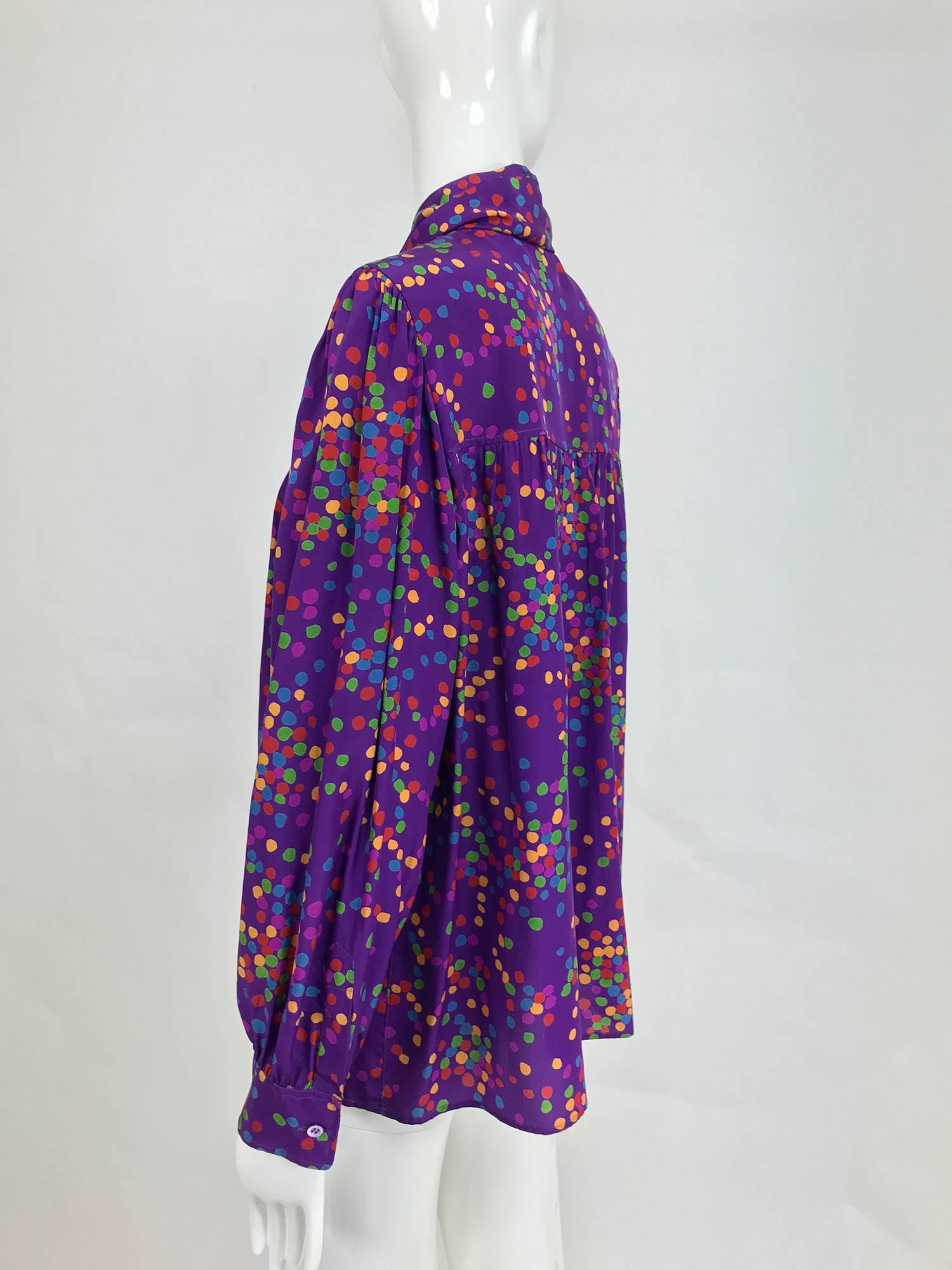 Purple Vintage Yves Saint Laurent purple and coloured dots silk bow tie blouse 1970s
