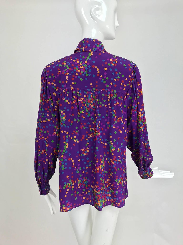 Vintage Yves Saint Laurent purple and coloured dots silk bow tie blouse ...