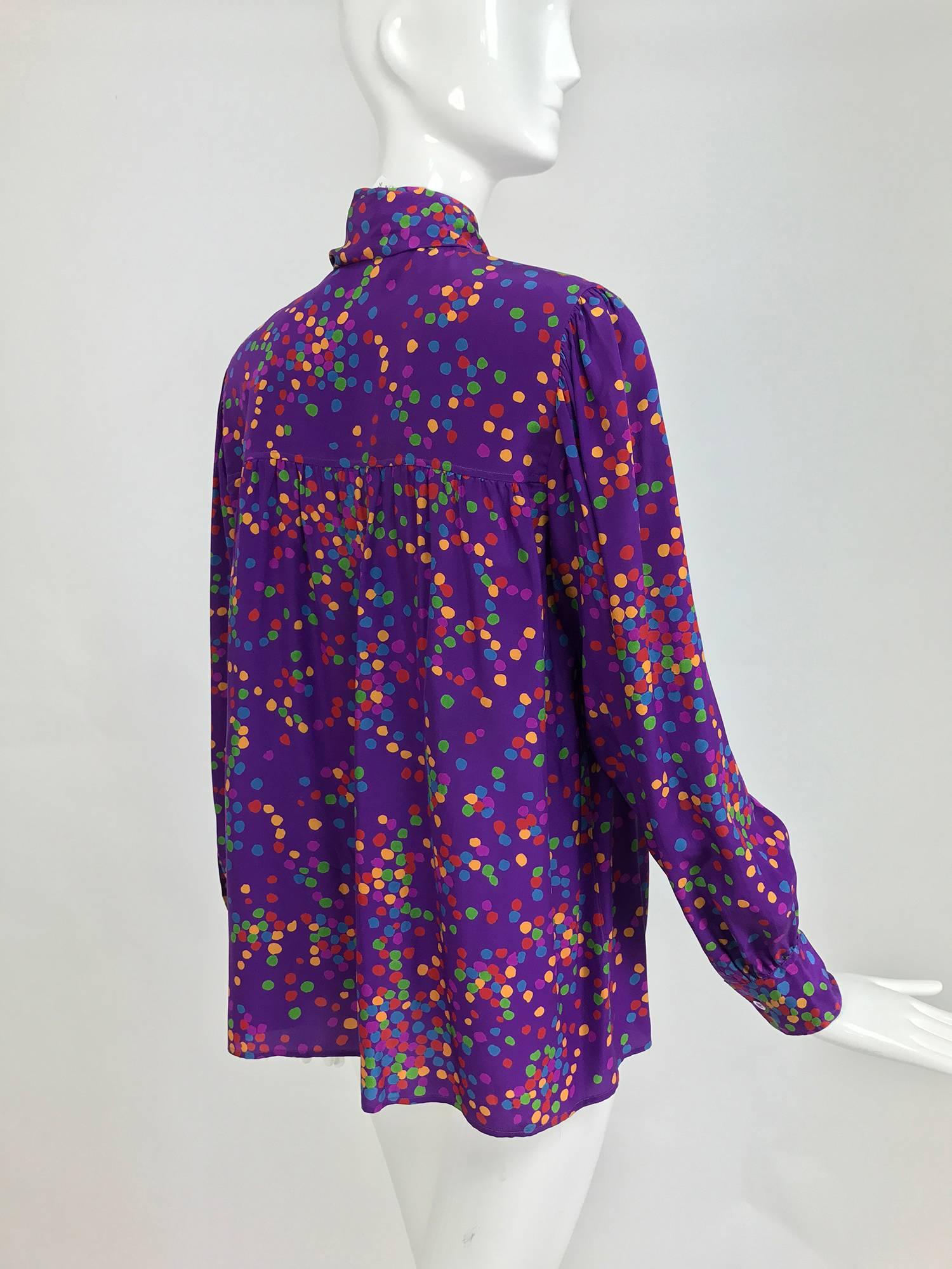 Women's Vintage Yves Saint Laurent purple and coloured dots silk bow tie blouse 1970s