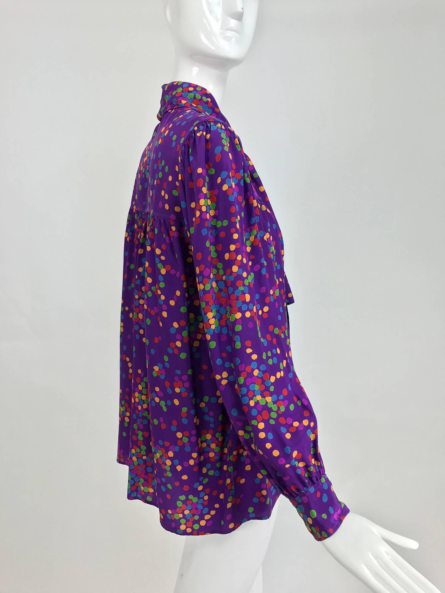 Vintage Yves Saint Laurent purple and coloured dots silk bow tie blouse 1970s 1