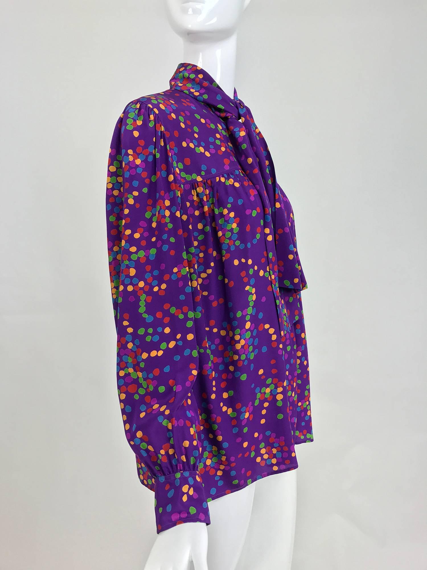Vintage Yves Saint Laurent purple and coloured dots silk bow tie blouse 1970s 2