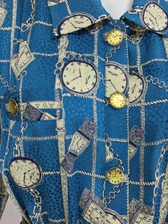 Vintage Adolfo clocks and watches print pleated shirtwaist dress 1970s