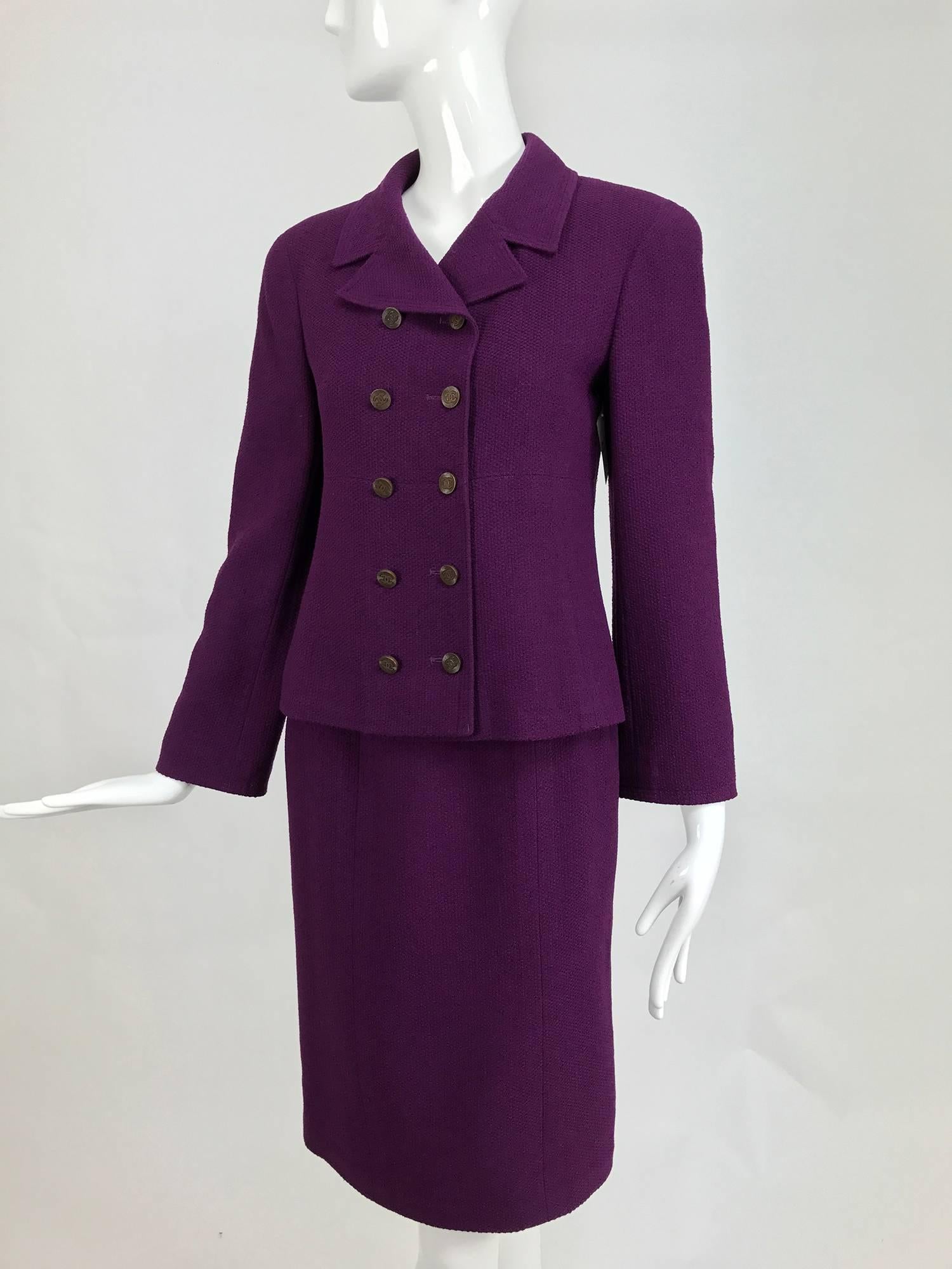 Chanel aubergine boucle classic double breasted skirt suit 1998A For Sale 1