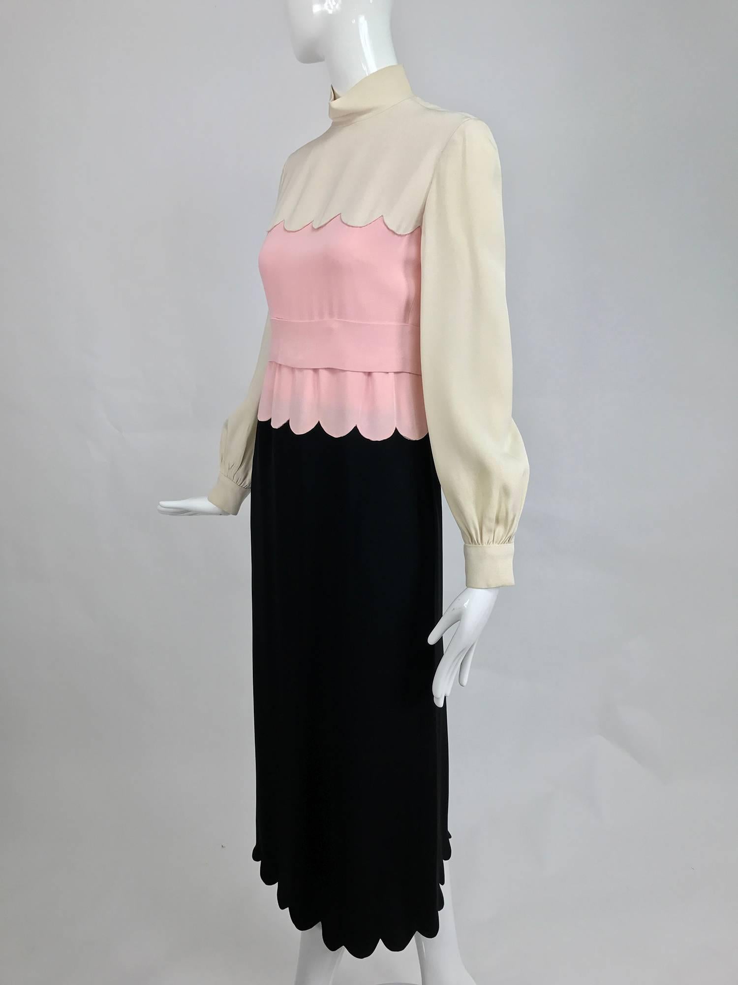 Beige Donald Brooks scalloped crepe dress in cream pink and black 1960s