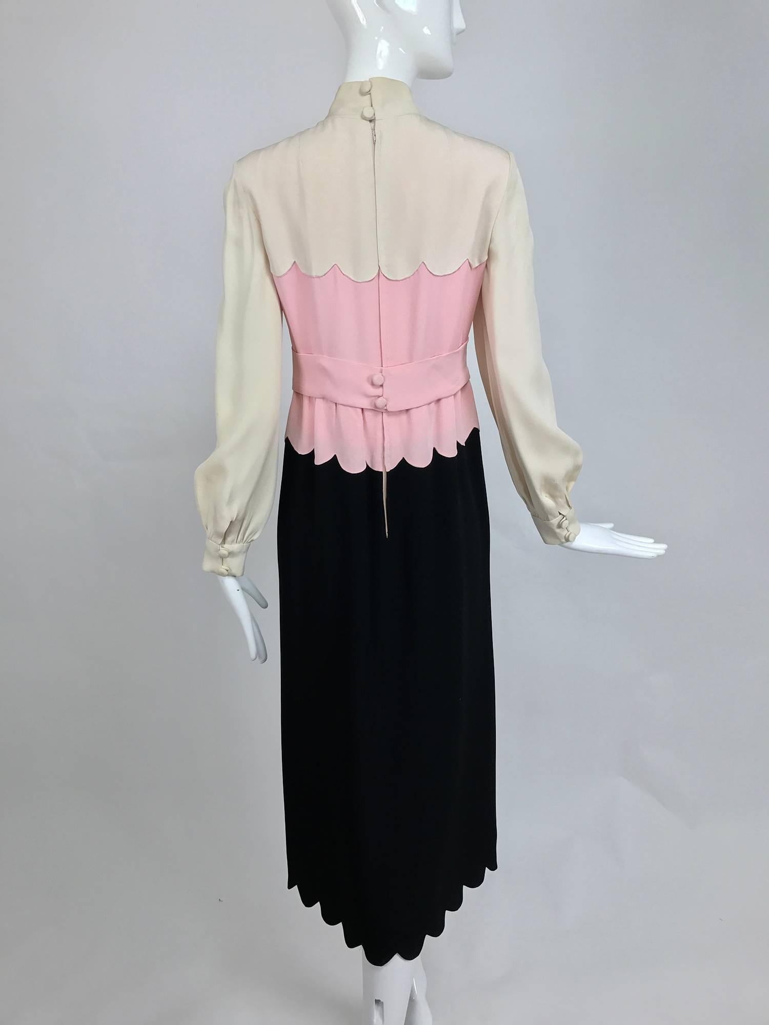 Women's Donald Brooks scalloped crepe dress in cream pink and black 1960s