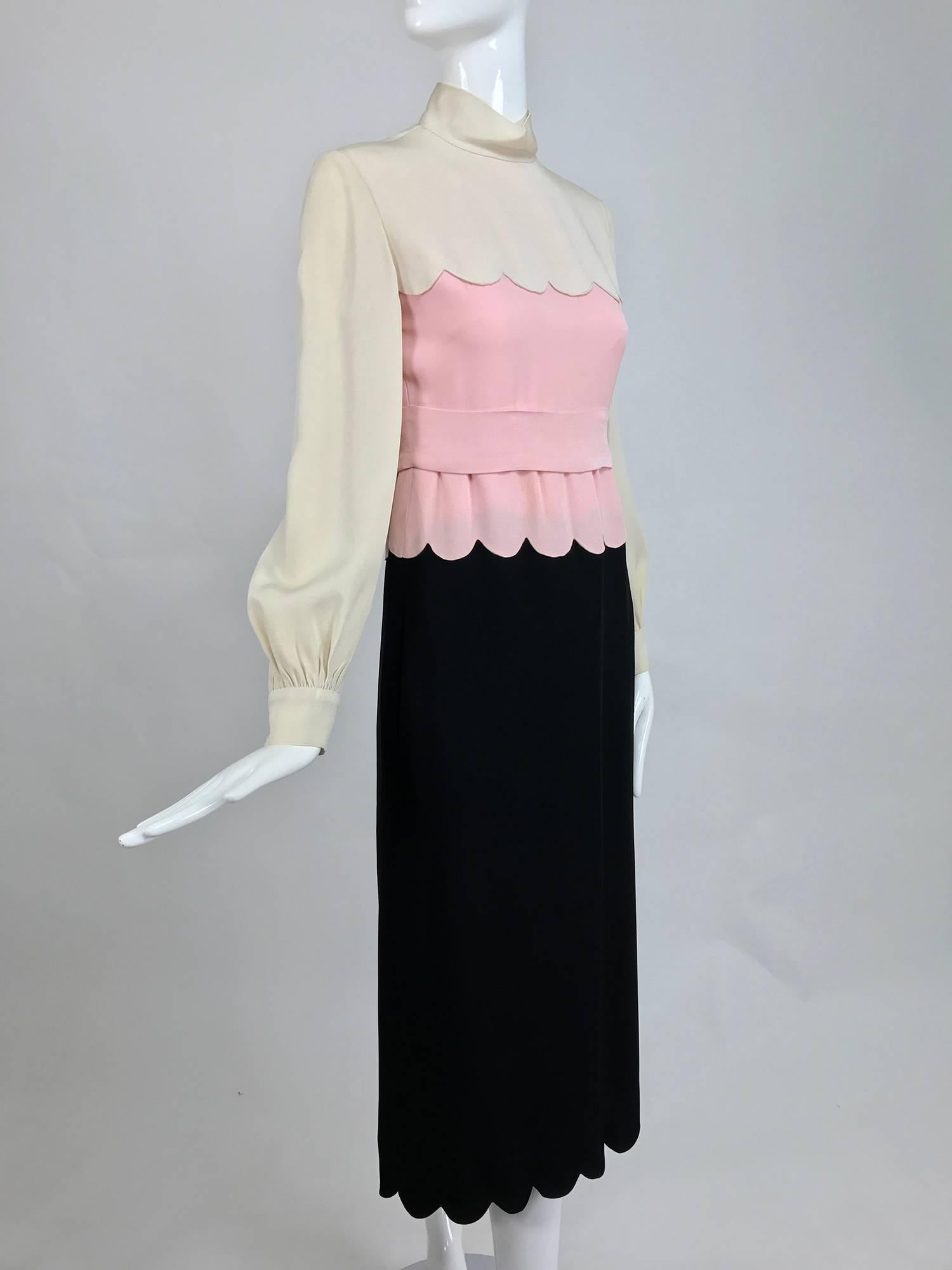 Donald Brooks scalloped crepe dress in cream pink and black 1960s 1
