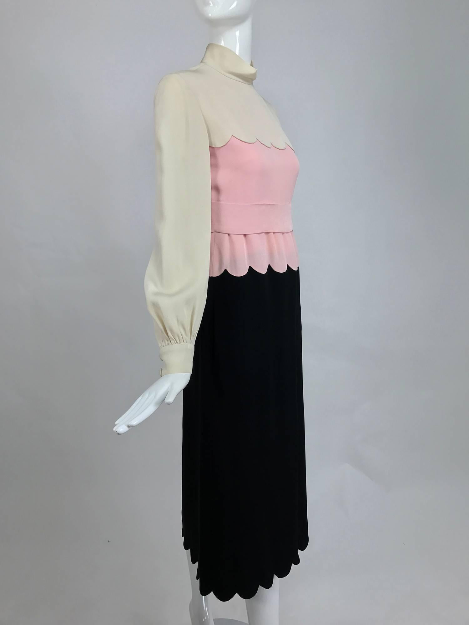 Donald Brooks scalloped crepe dress in cream pink and black 1960s 2