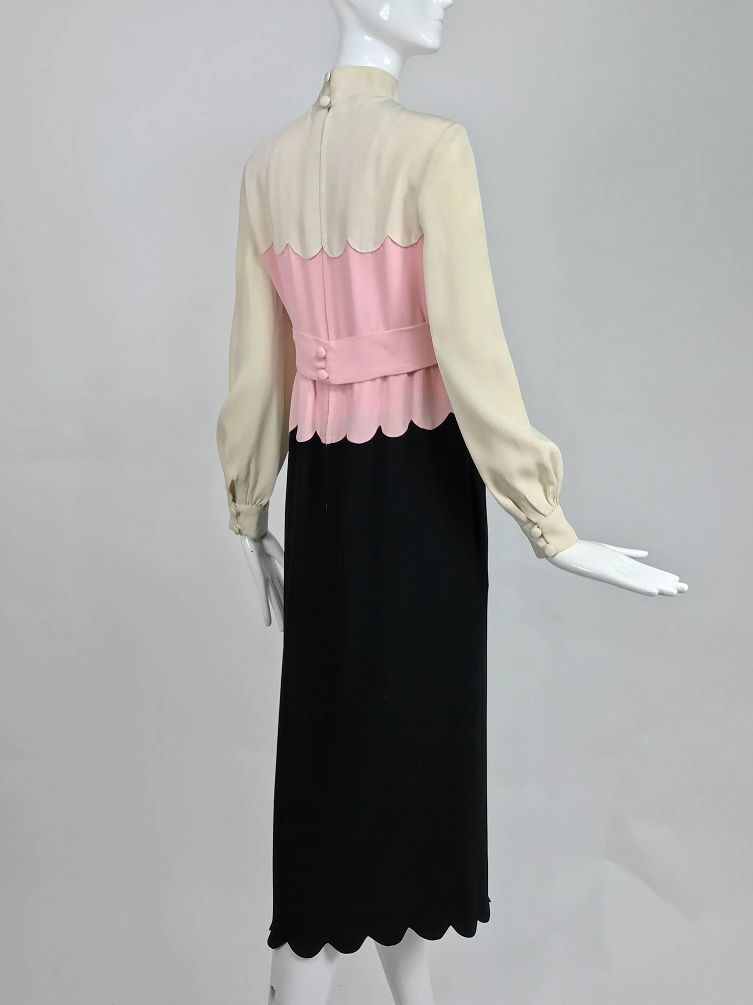 Donald Brooks scalloped crepe dress in cream pink and black 1960s 3