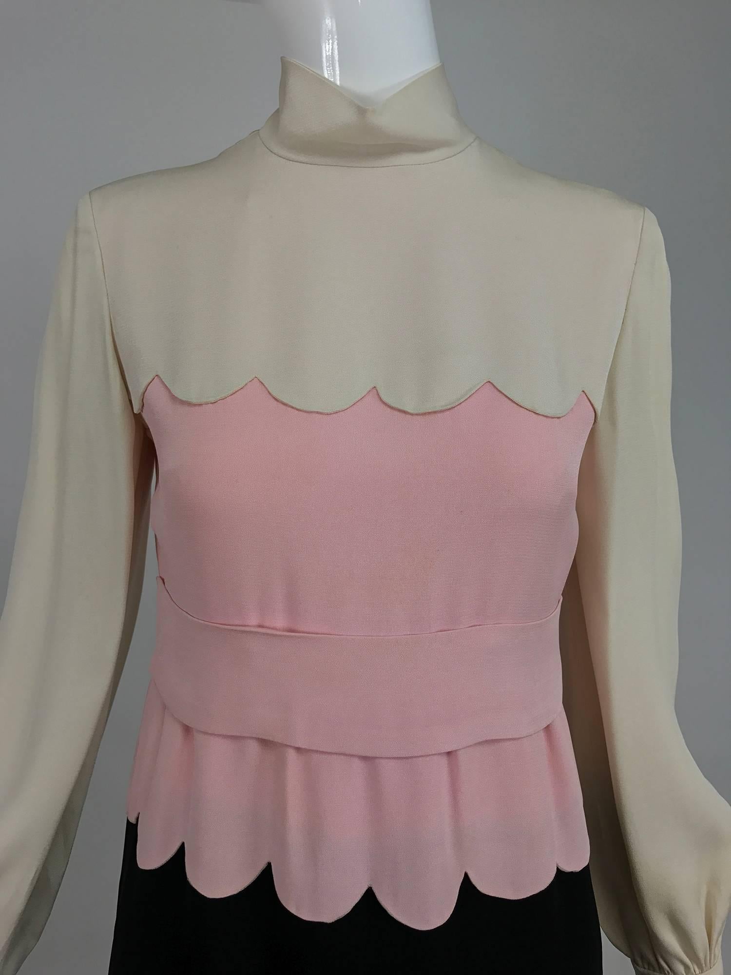 Donald Brooks scalloped crepe dress in cream pink and black 1960s 4