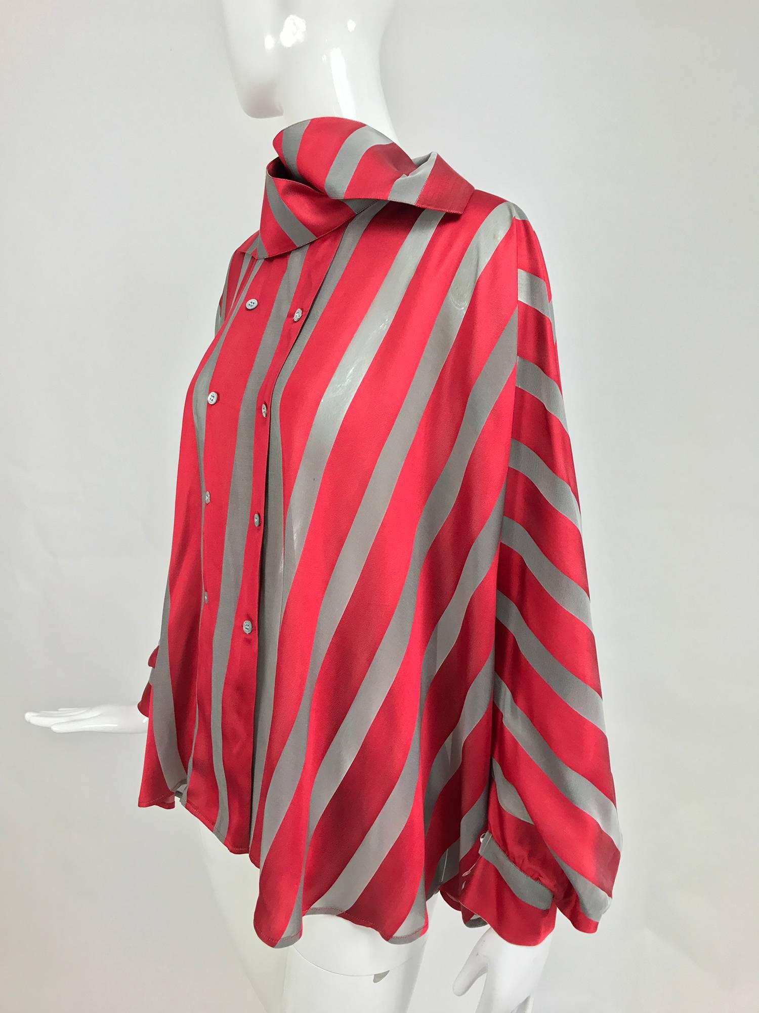 Red Gianfranco Ferre red and grey silk stripe unique sleeve swing blouse 1990s