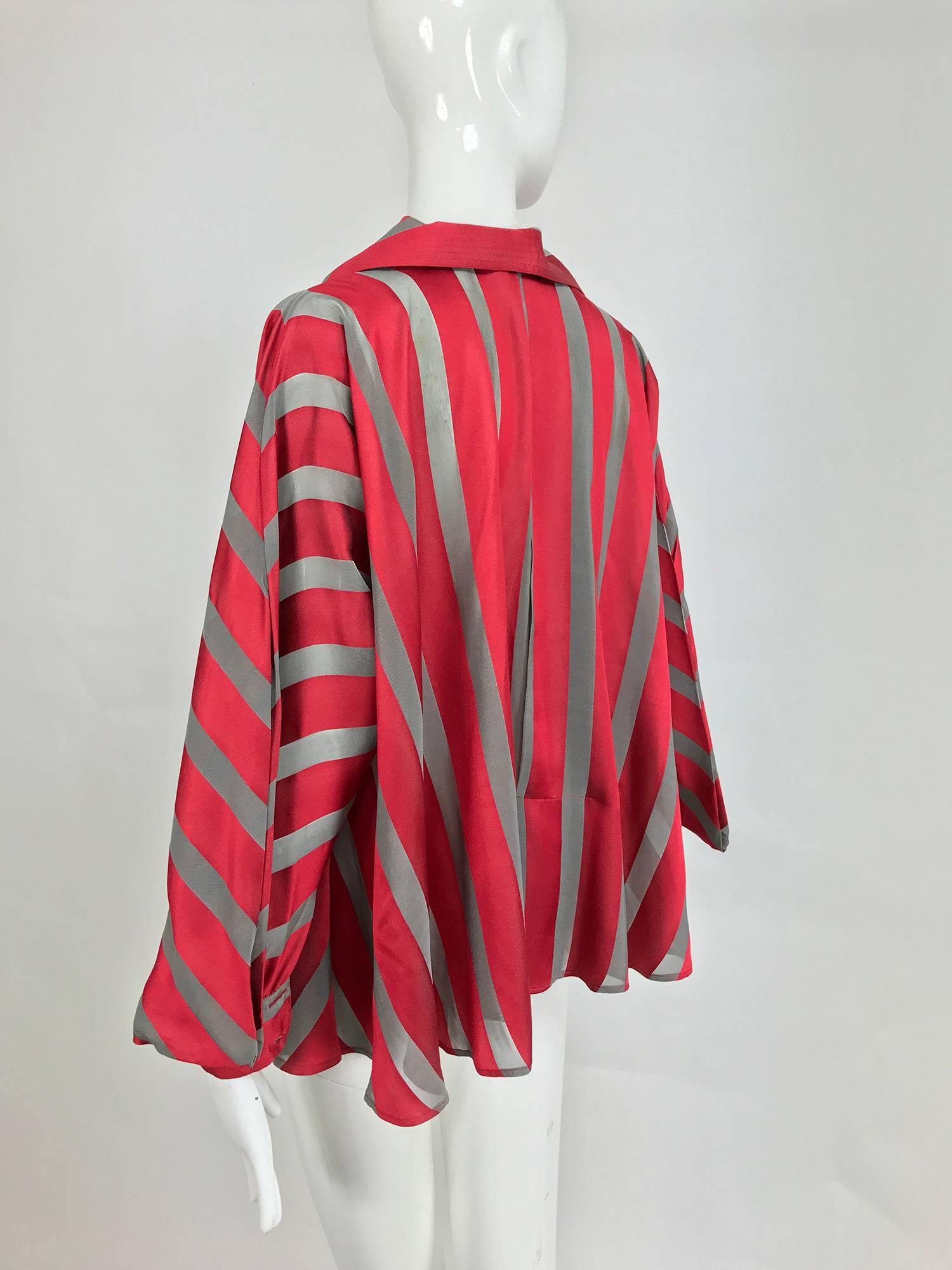 Women's Gianfranco Ferre red and grey silk stripe unique sleeve swing blouse 1990s