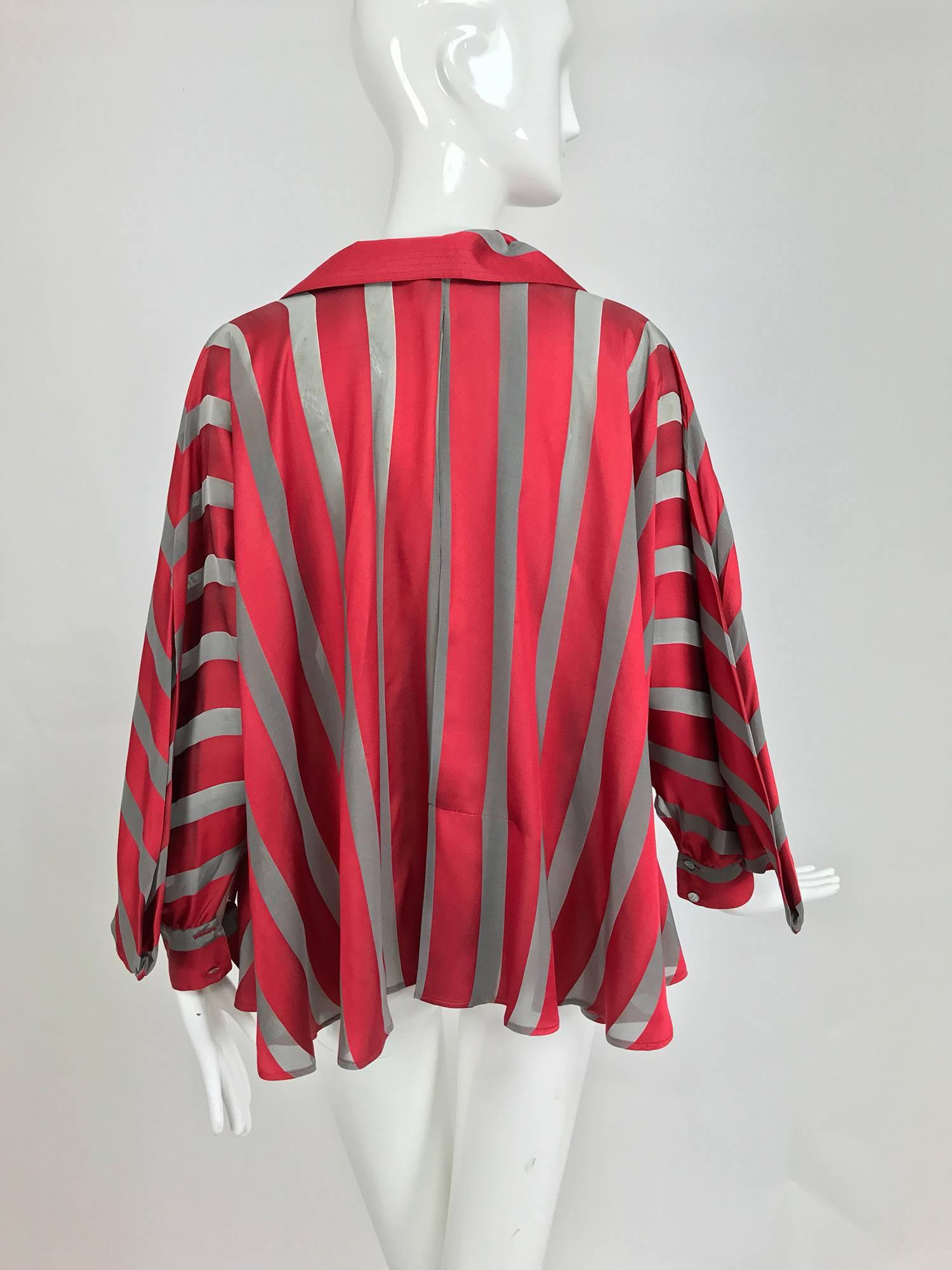 Gianfranco Ferre red and grey silk stripe unique sleeve swing blouse 1990s 1