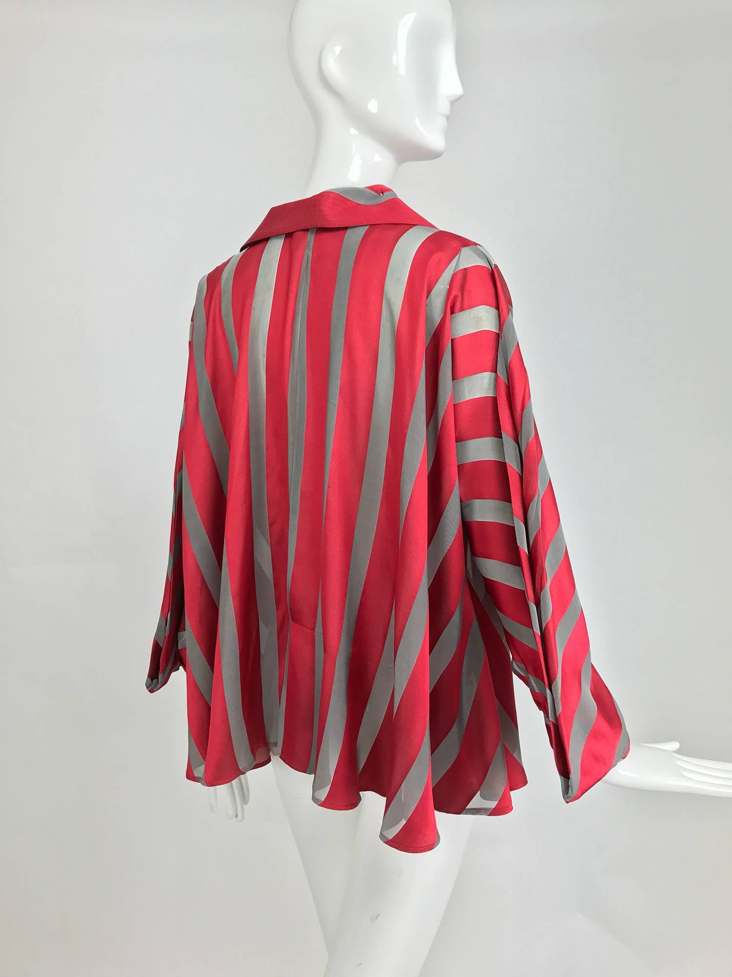 Gianfranco Ferre red and grey silk stripe unique sleeve swing blouse 1990s 2