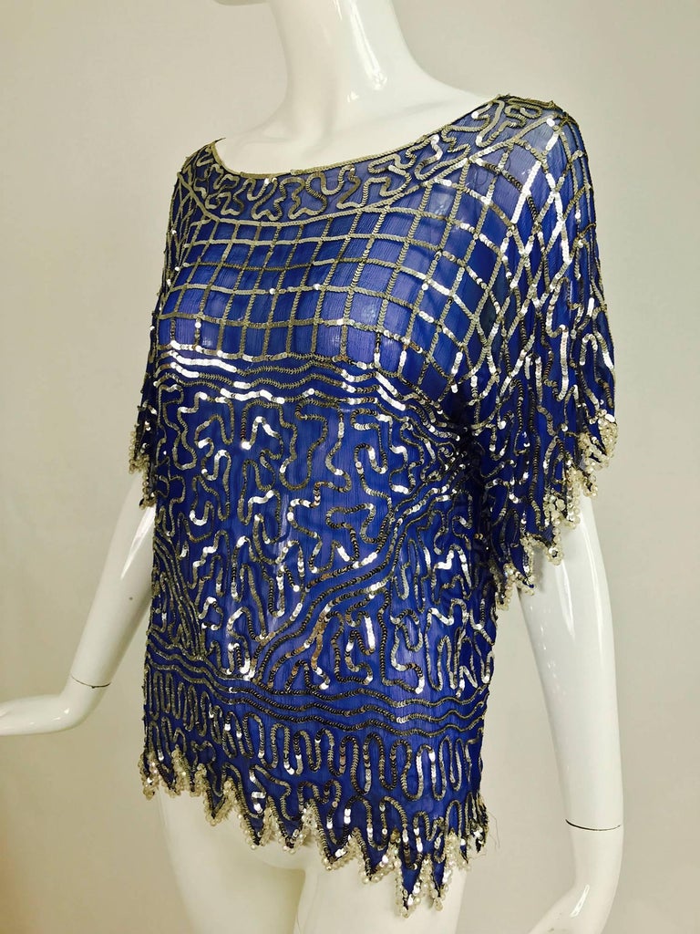 Swee lo blue silk silver sequin and beaded top 1970s For Sale at 1stDibs
