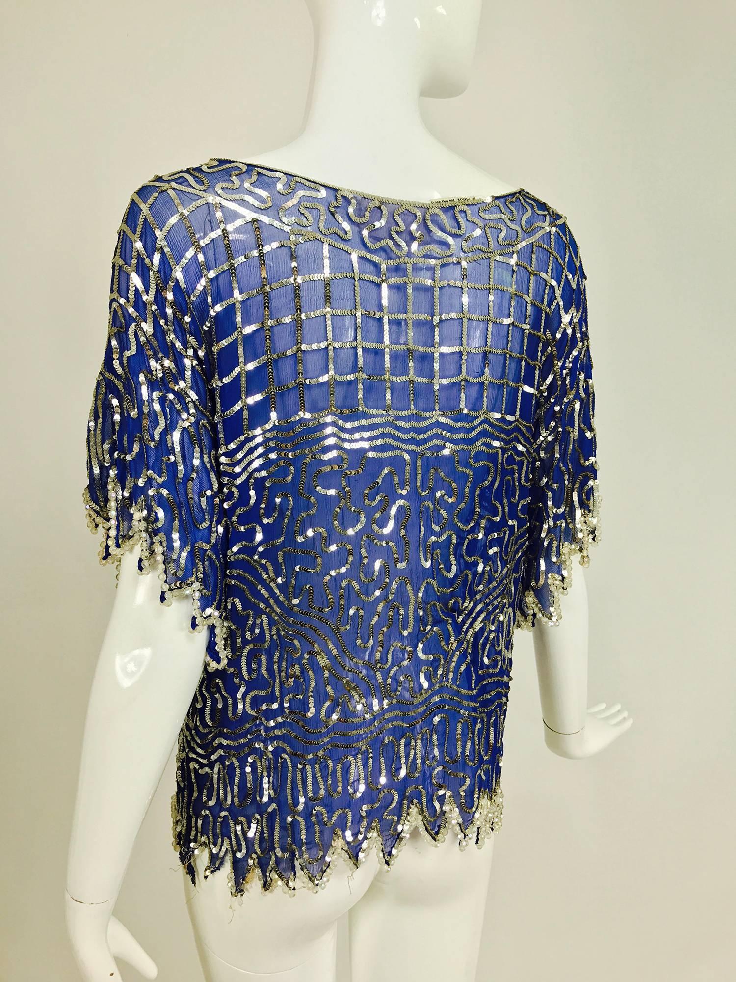 Purple Swee lo blue silk silver sequin and beaded top 1970s