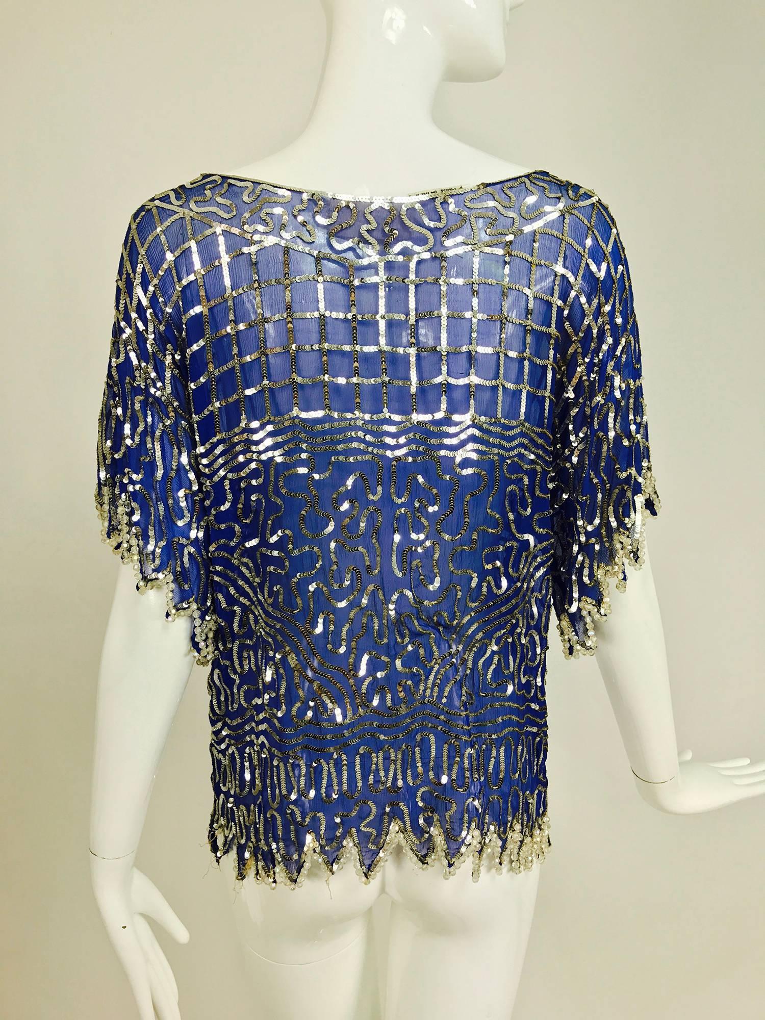 Swee lo blue silk silver sequin and beaded top 1970s For Sale at ...