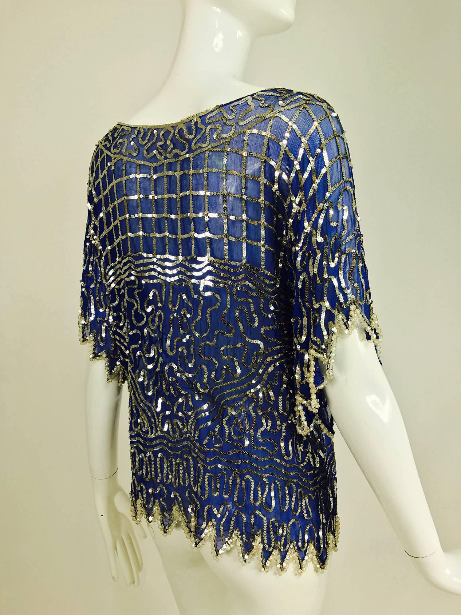 Women's or Men's Swee lo blue silk silver sequin and beaded top 1970s