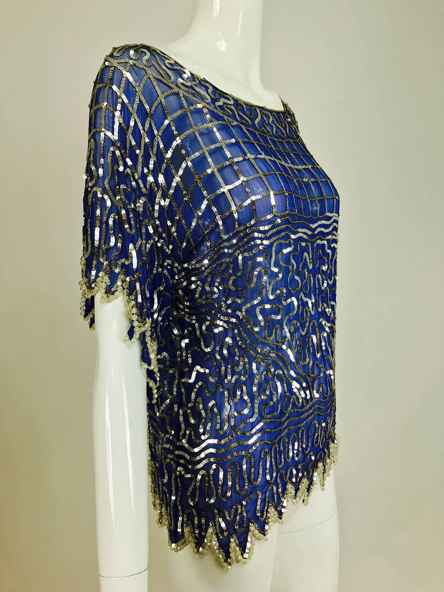 Swee lo blue silk silver sequin and beaded top 1970s 1