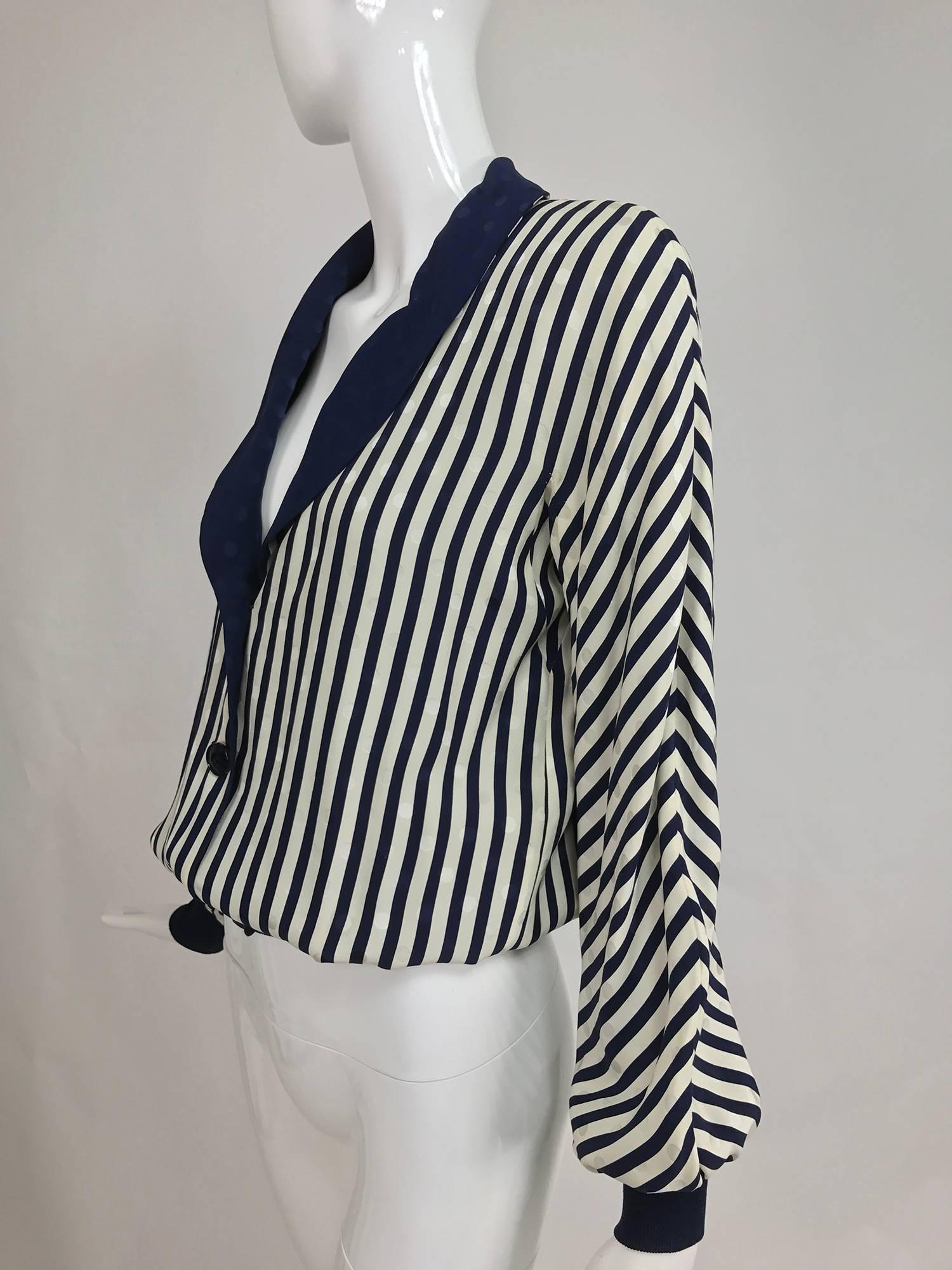 Black Valentino lightweight blue and white stripe figured silk bomber jacket 1990s