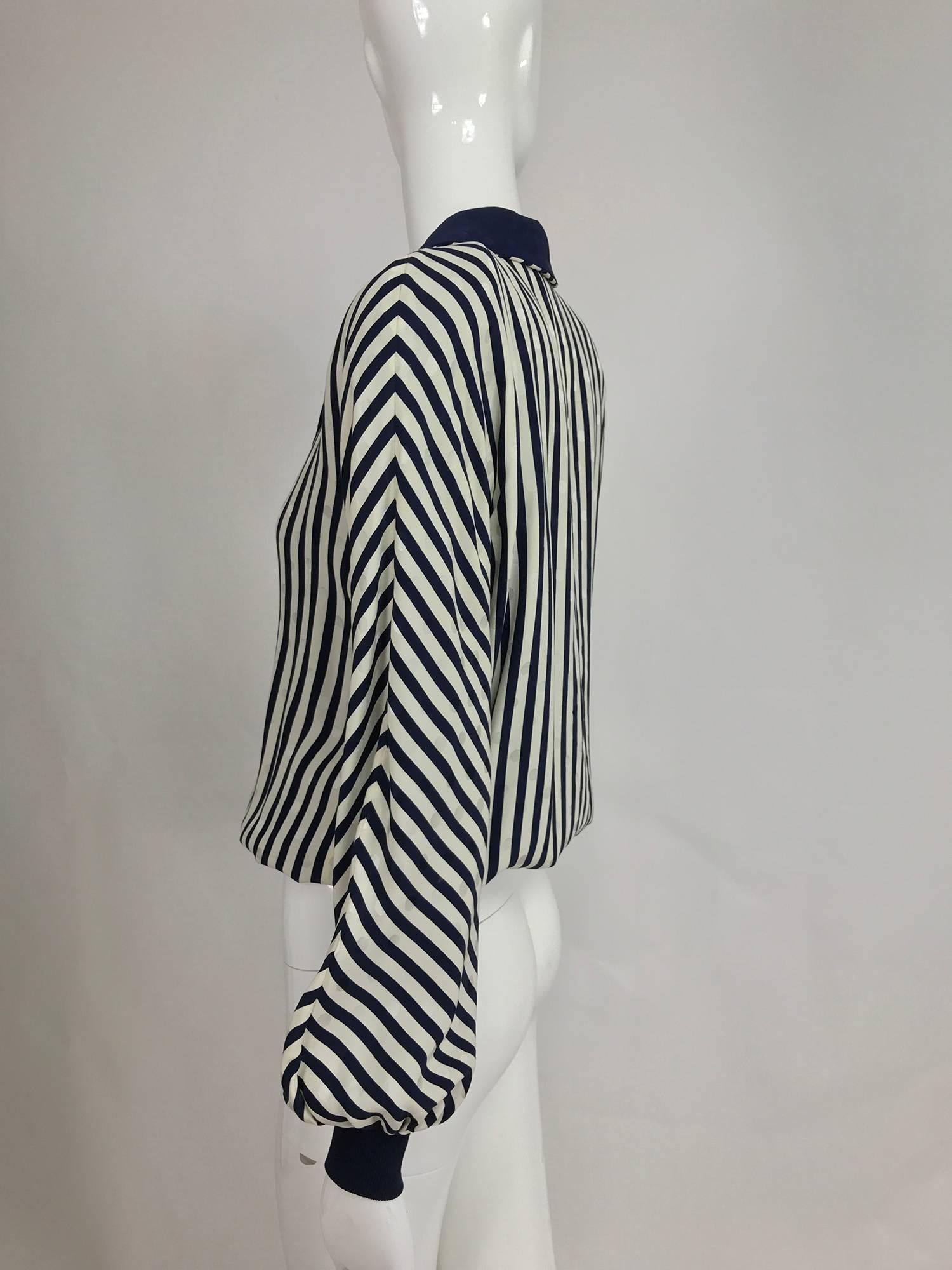 Valentino lightweight blue and white stripe figured silk bomber jacket 1990s In Excellent Condition In West Palm Beach, FL
