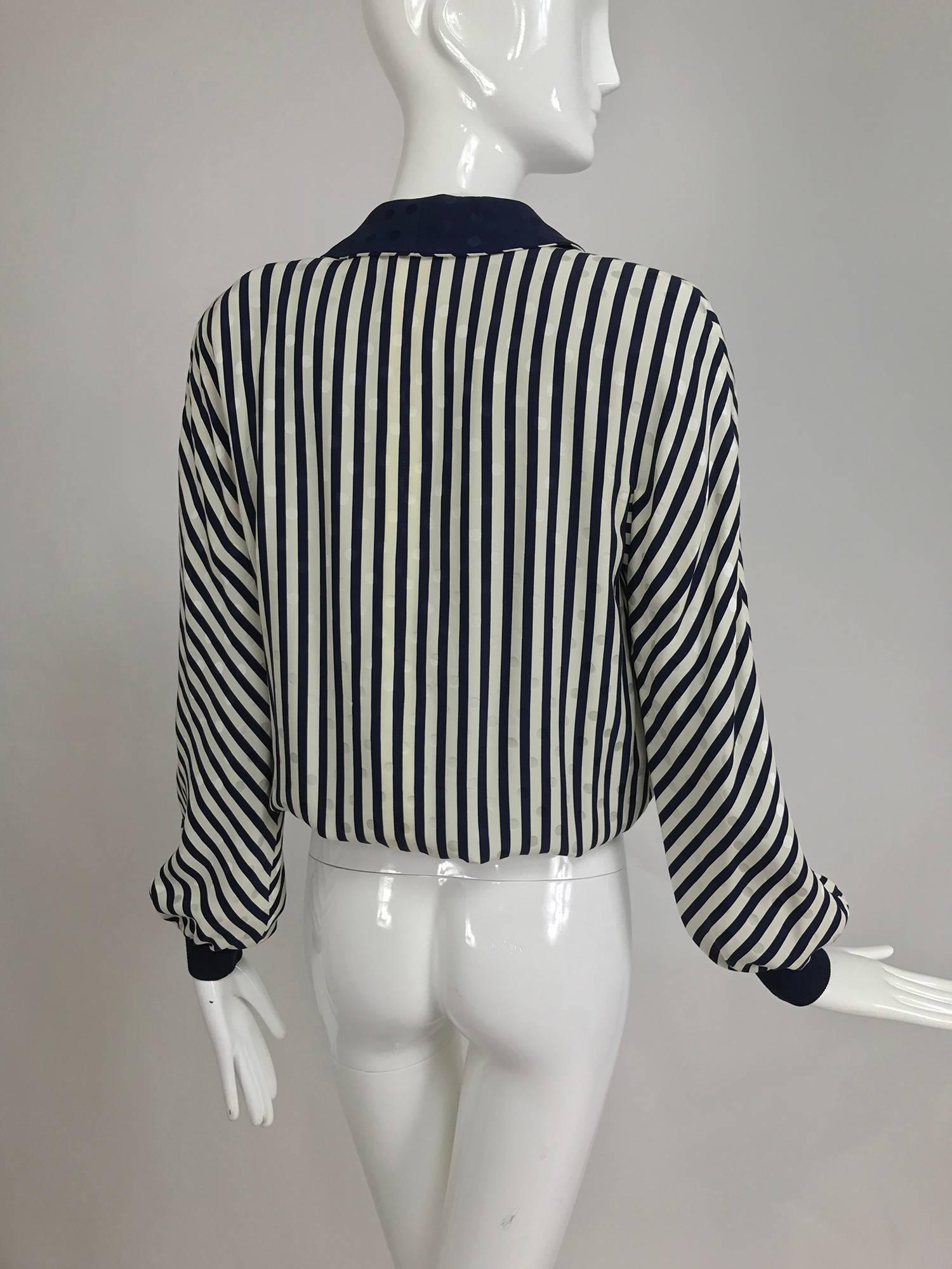 Women's Valentino lightweight blue and white stripe figured silk bomber jacket 1990s
