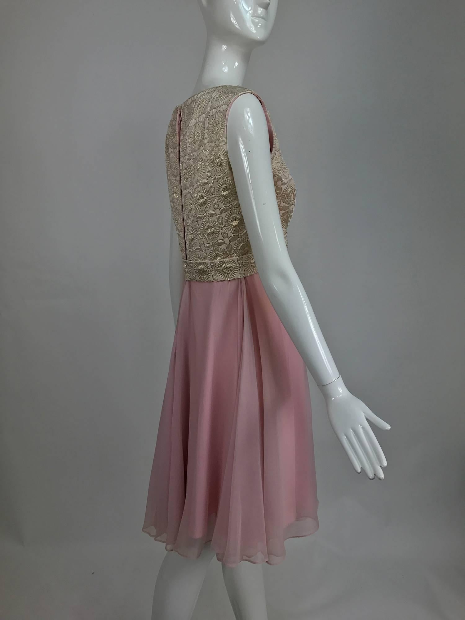 Vintage pink chiffon and gold metallic brocade cocktail dress 1960s  In Excellent Condition In West Palm Beach, FL