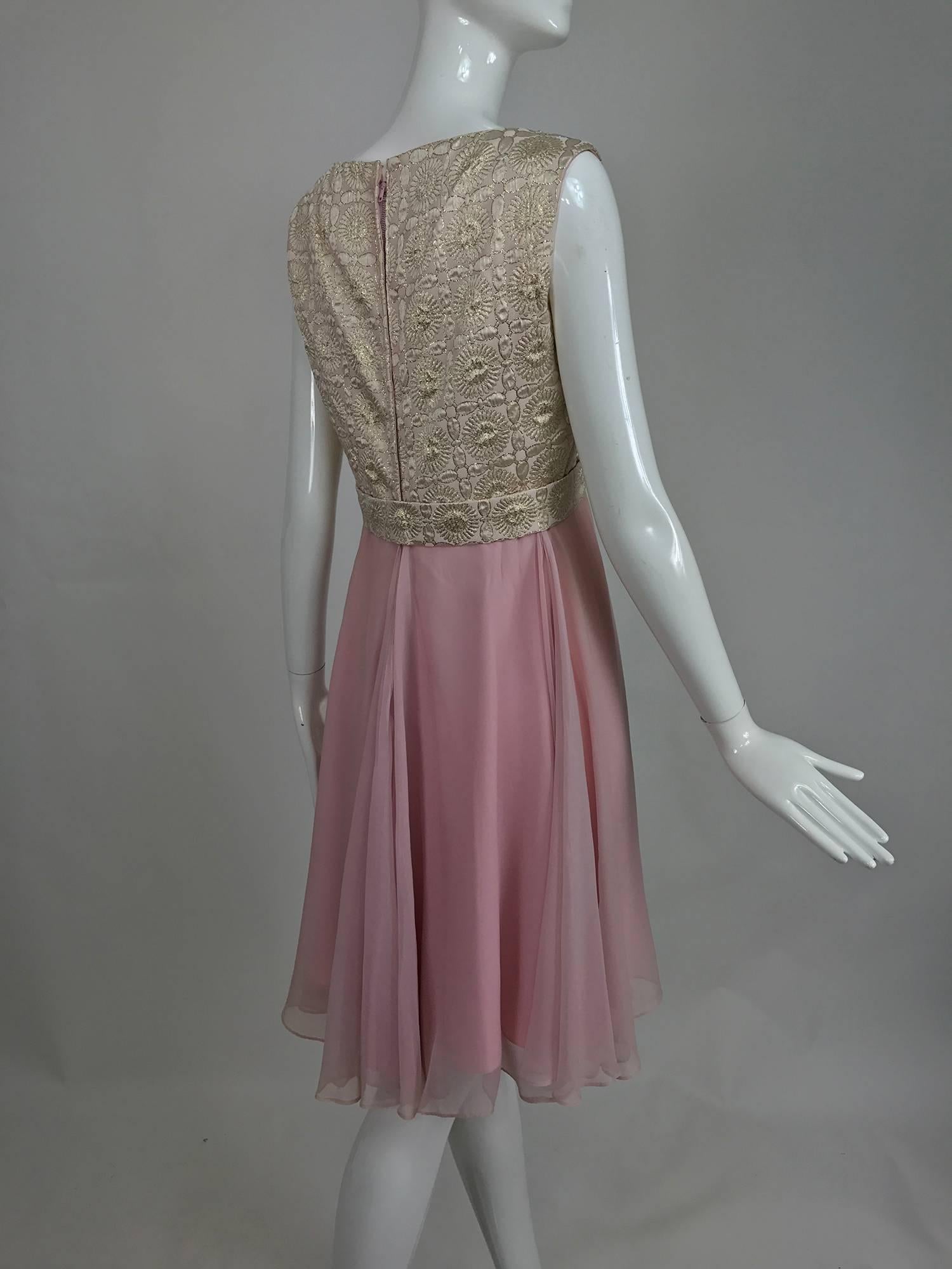 Women's Vintage pink chiffon and gold metallic brocade cocktail dress 1960s 