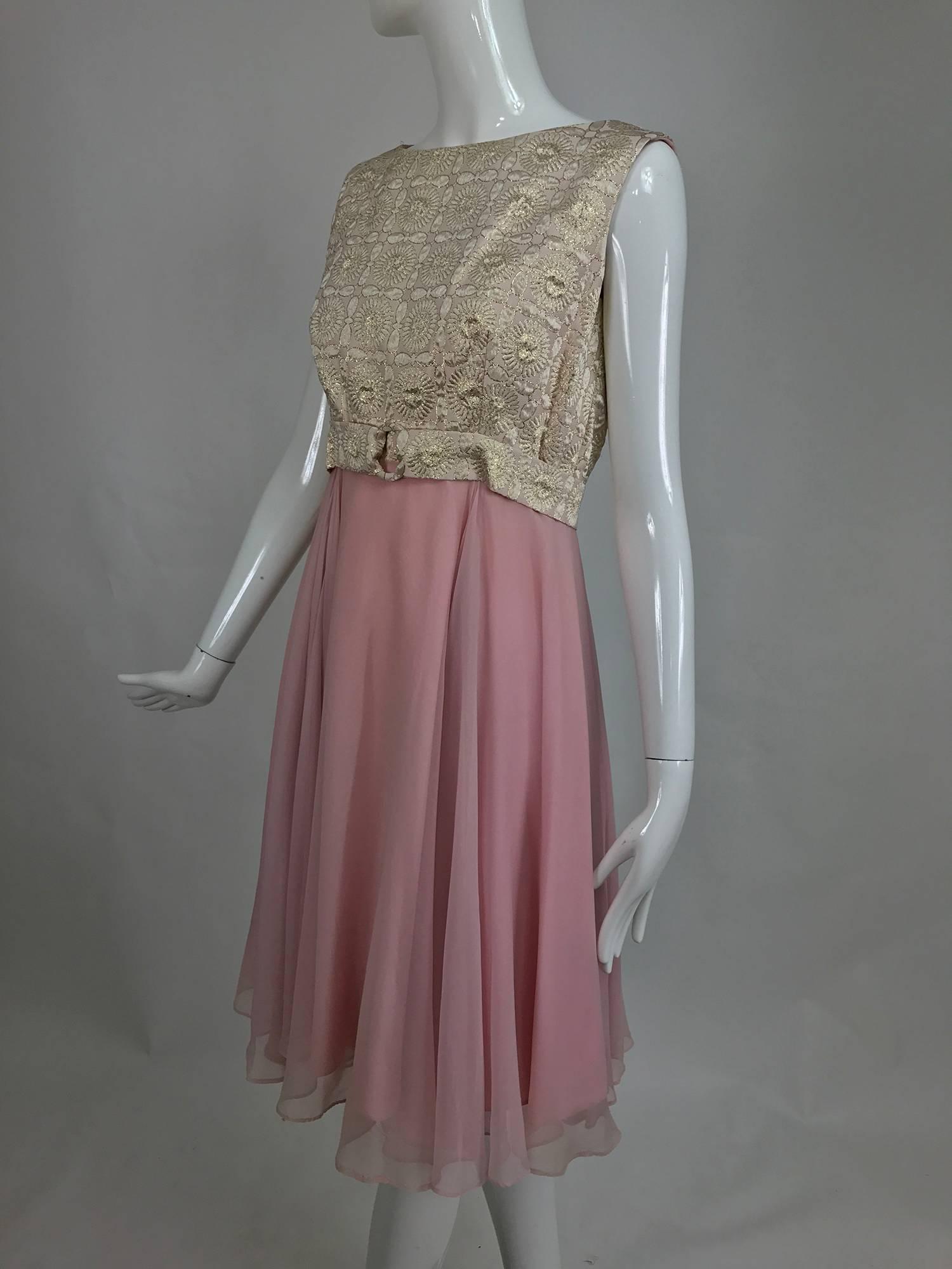 Vintage pink chiffon and gold metallic brocade cocktail dress 1960s  5