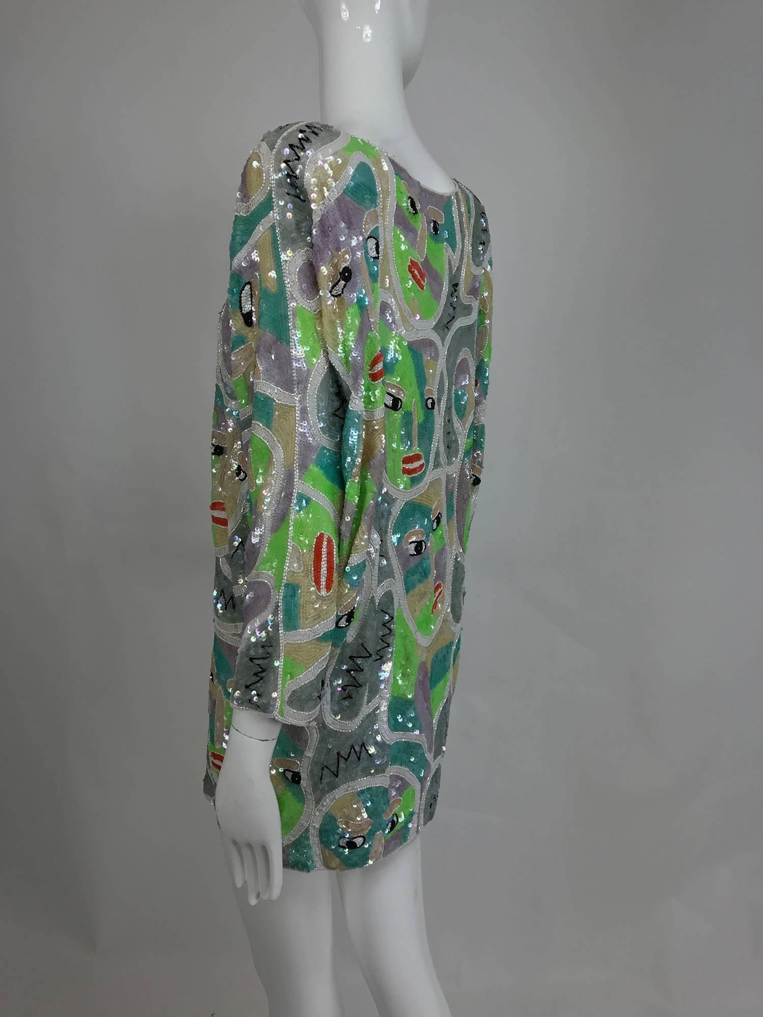 Glittery sequin encrusted bat wing mini dress with modernist faces 1980s In New Condition In West Palm Beach, FL