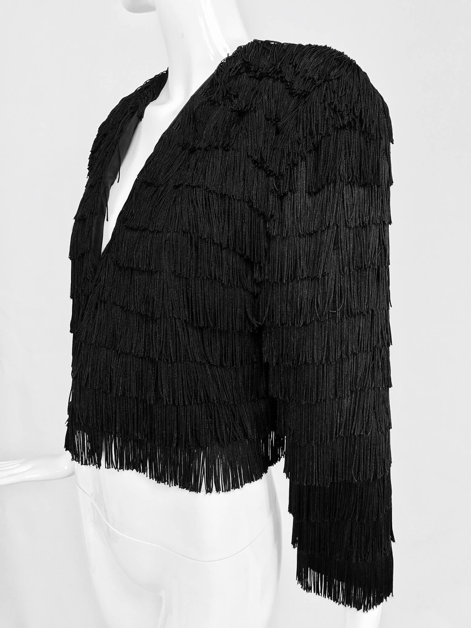 Dramatic Black crepe totally fringed jacket 1980s In Excellent Condition In West Palm Beach, FL