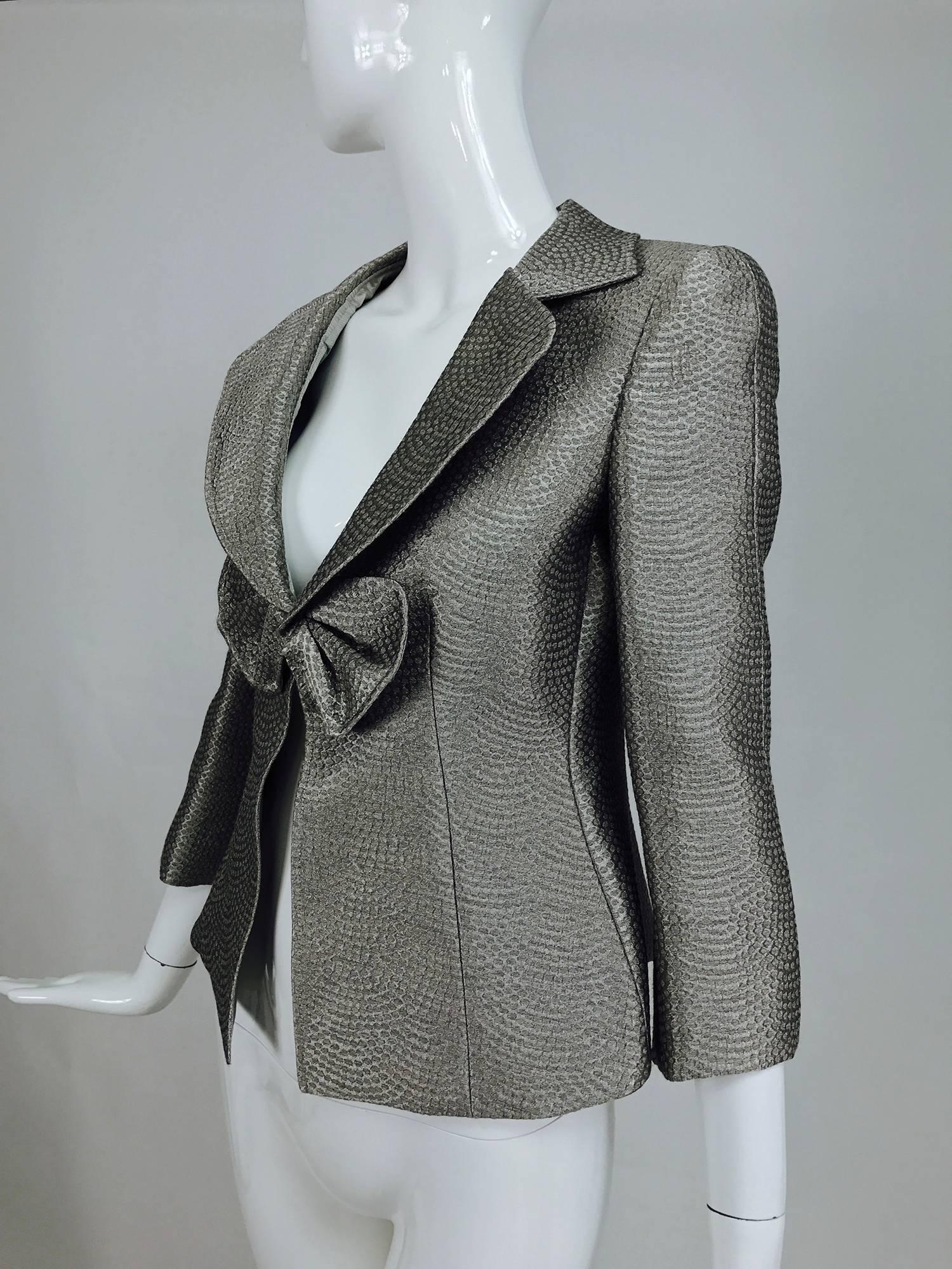 Black Armani Collezioni textured silver metallic plunge bow front jacket 