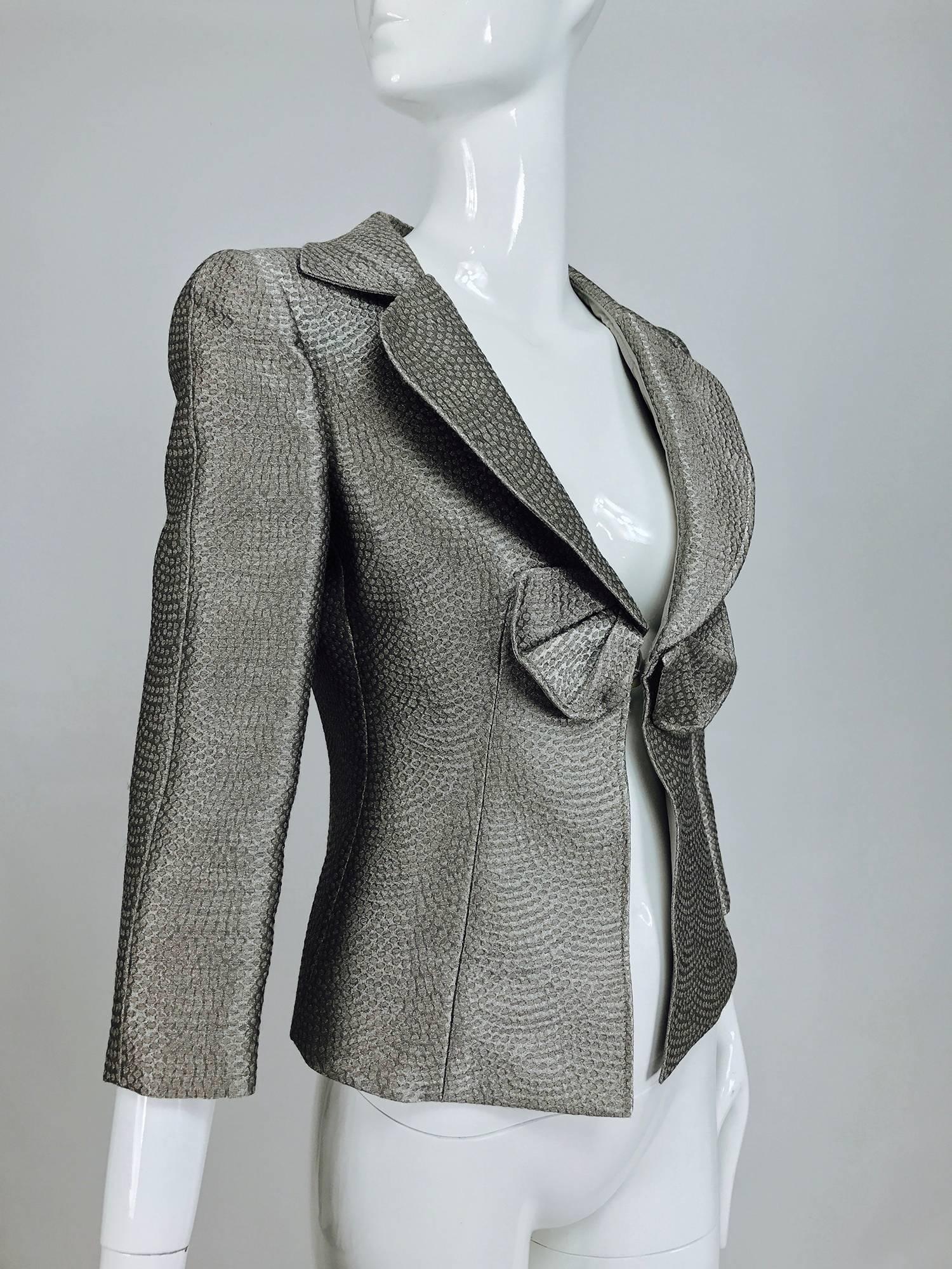 Armani Collezioni textured silver metallic plunge bow front jacket  3