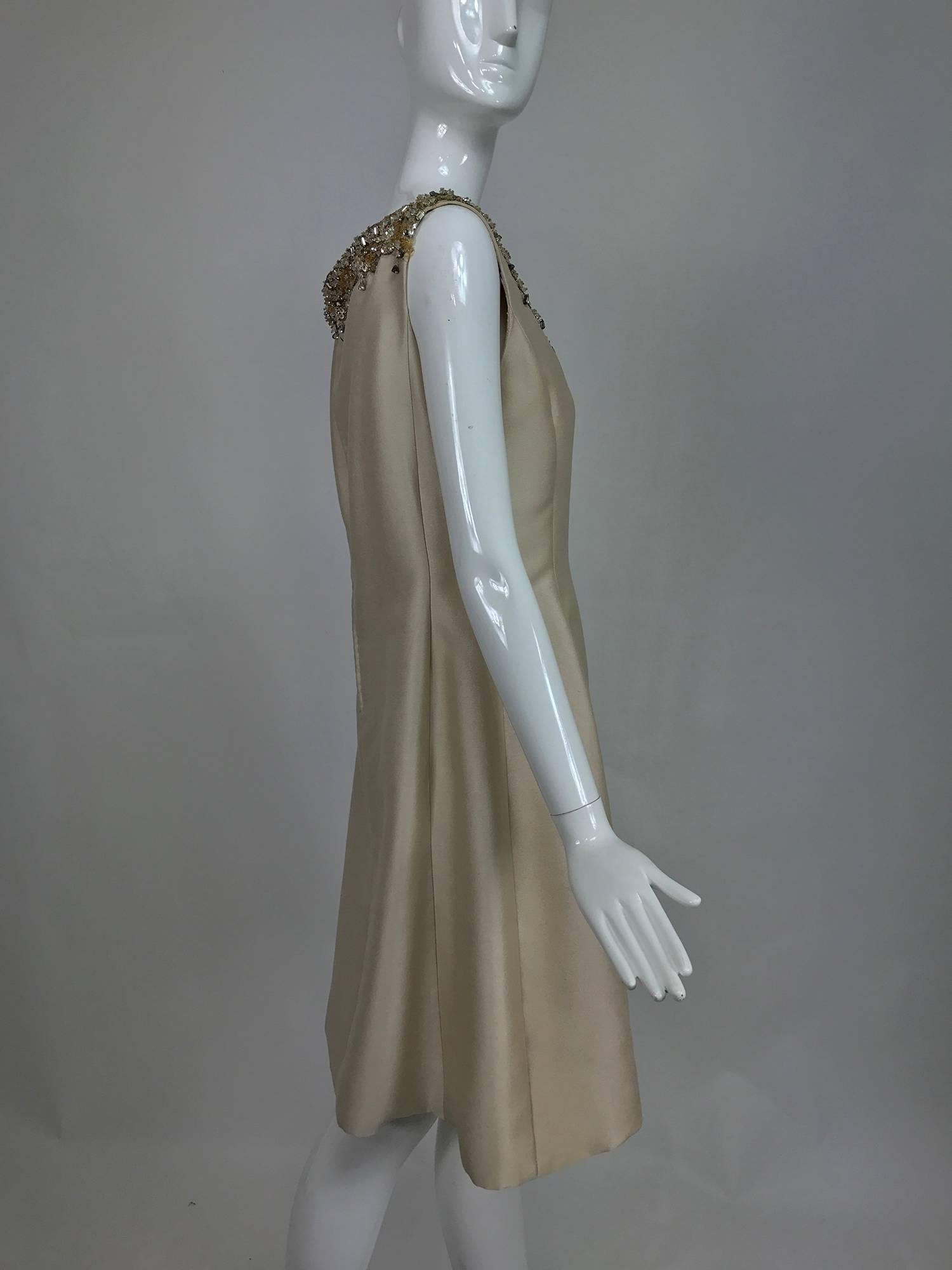 Women's Vintage Malcolm Starr jeweled V neck lustrous cream silk dress 1960s For Sale