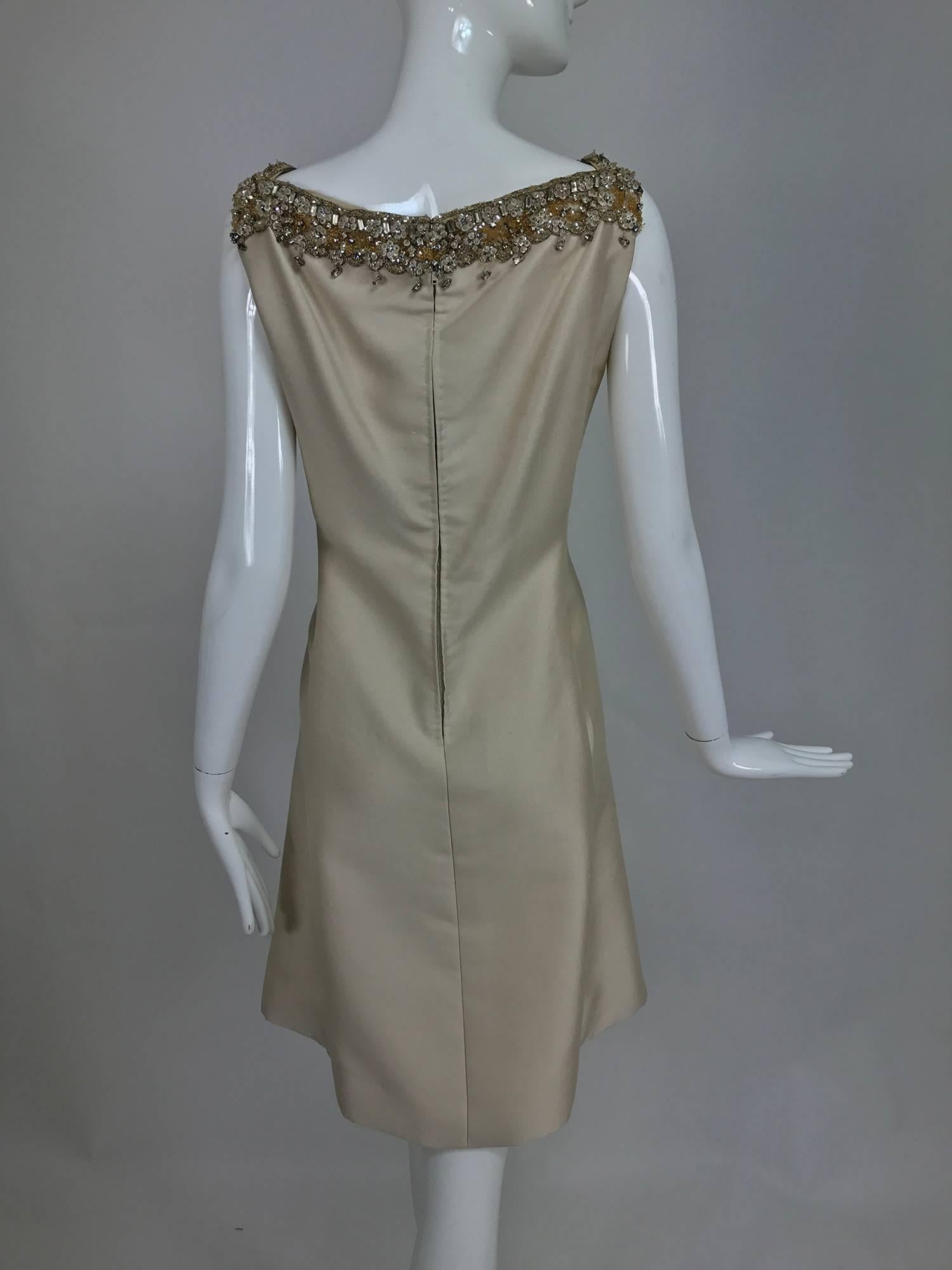 Gray Vintage Malcolm Starr jeweled V neck lustrous cream silk dress 1960s For Sale