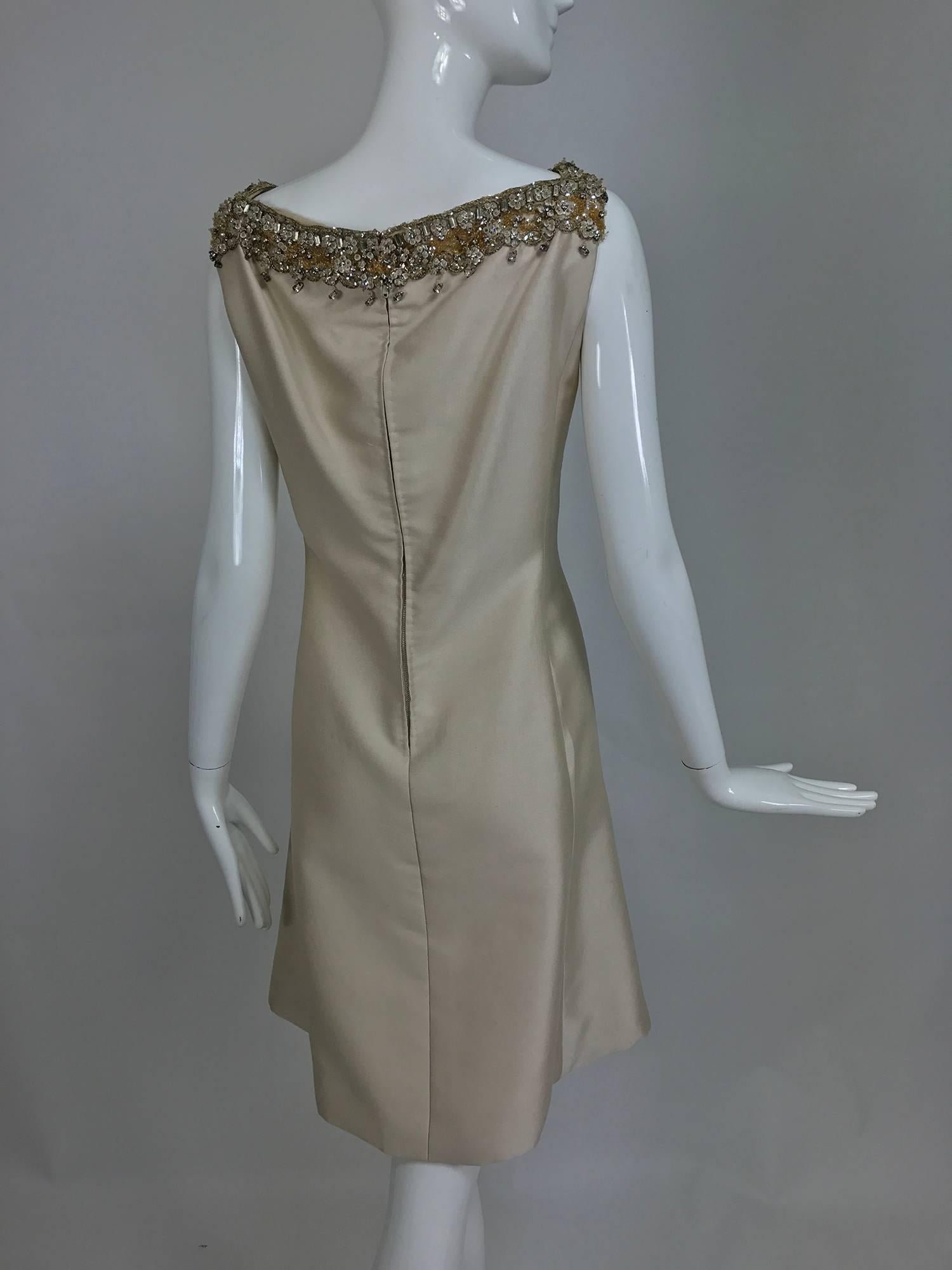 Vintage Malcolm Starr jeweled V neck lustrous cream silk dress 1960s For Sale 1