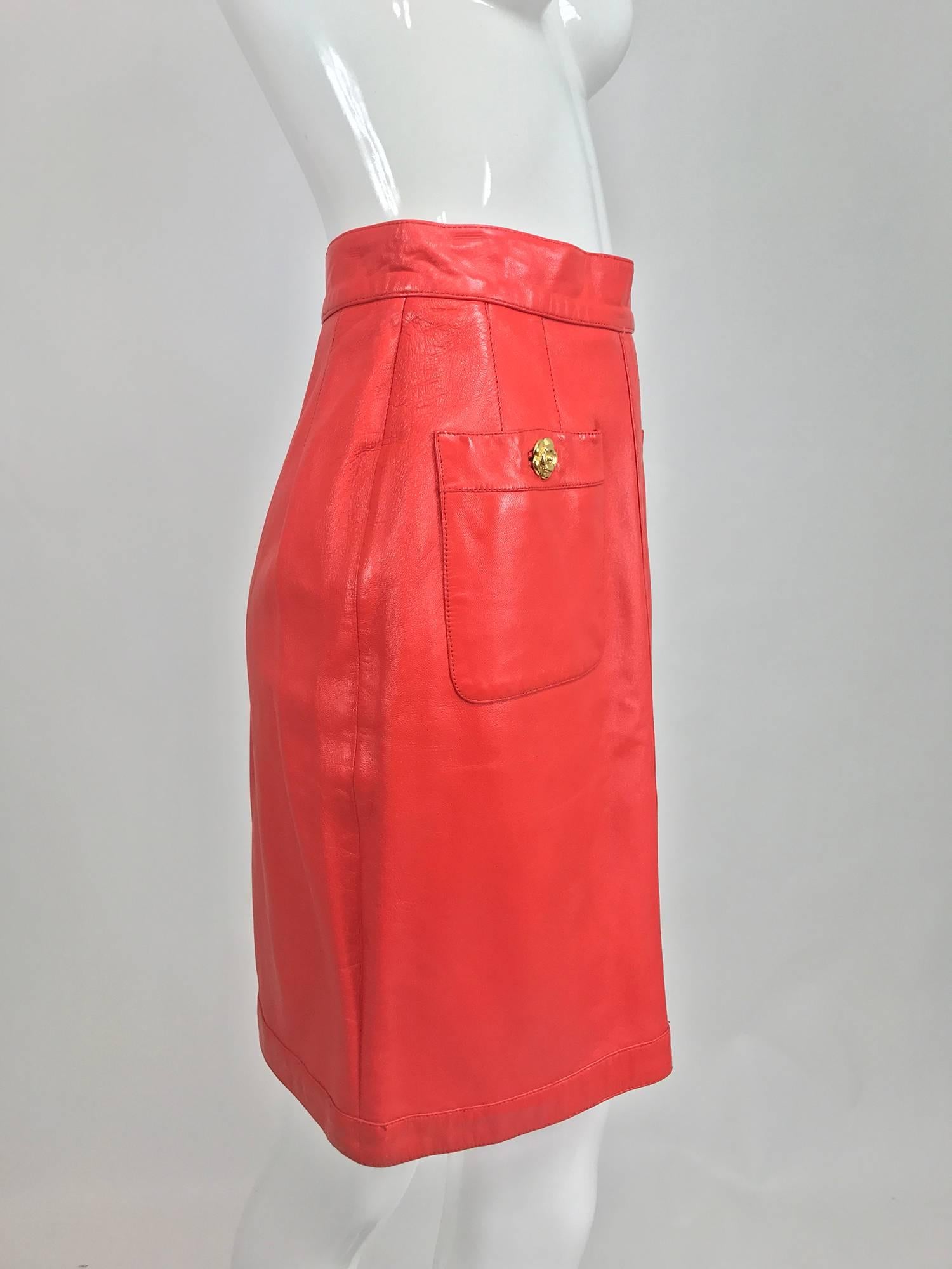 Red Chanel Vintage 1990s coral red leather skirt with pockets