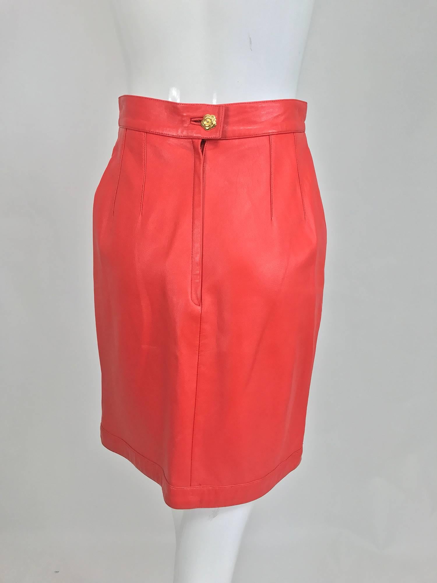 Women's Chanel Vintage 1990s coral red leather skirt with pockets