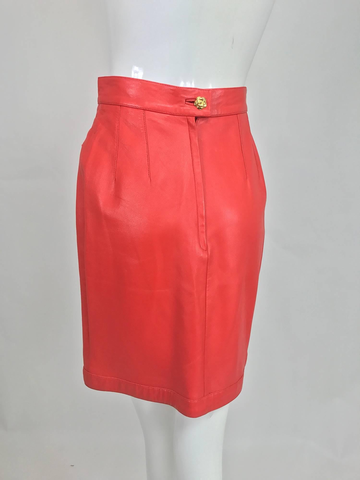 Chanel Vintage 1990s coral red leather skirt with pockets 1