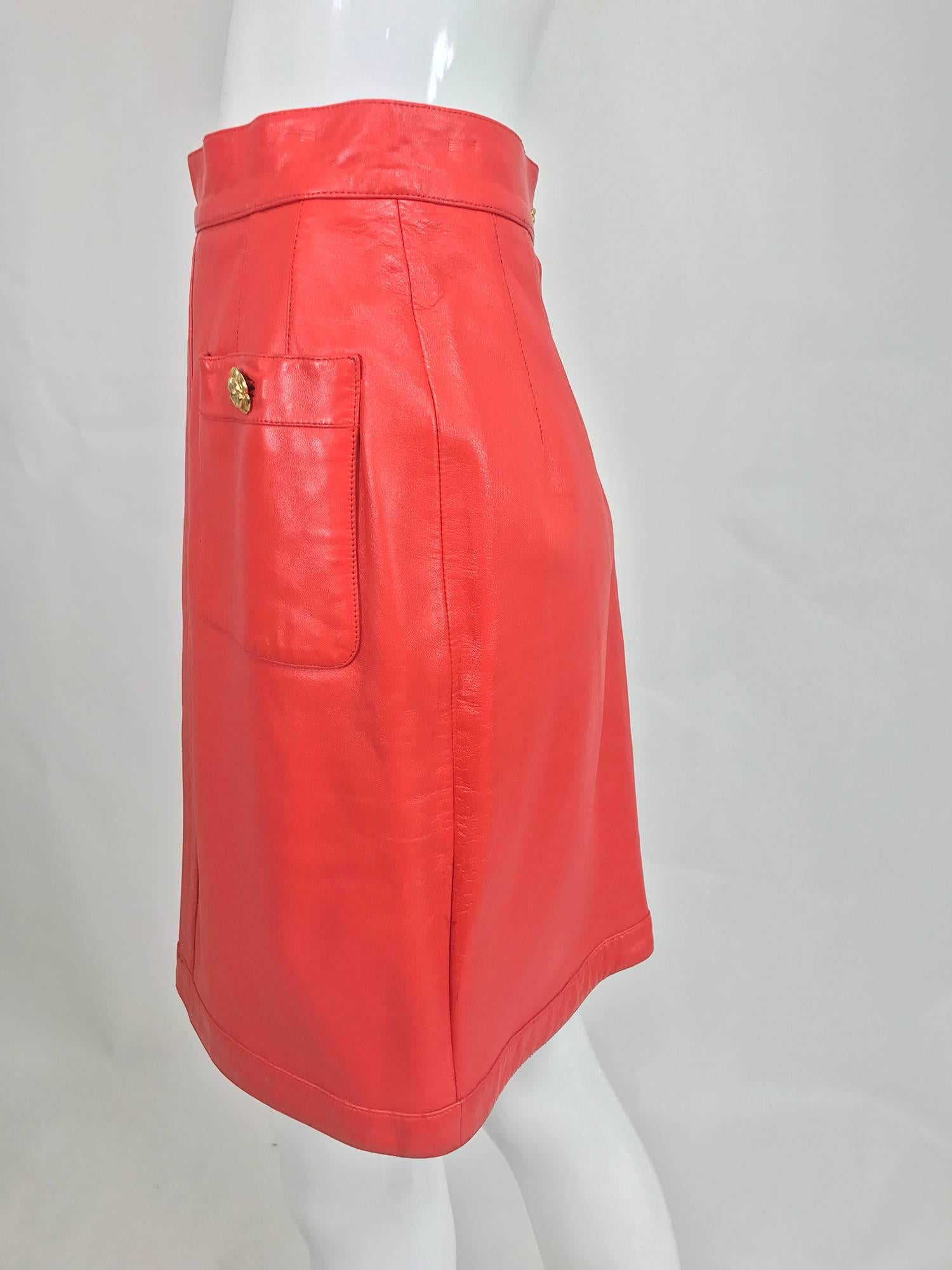 Chanel Vintage 1990s coral red leather skirt with pockets 2