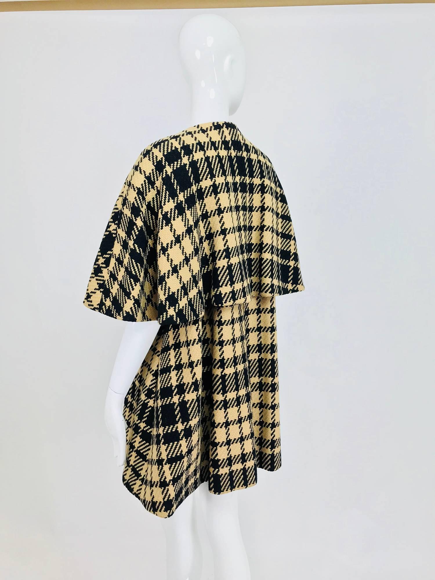 Black Rudi Gernreich vintage 1960s mod black and tan wool plaid mini cape tent coat