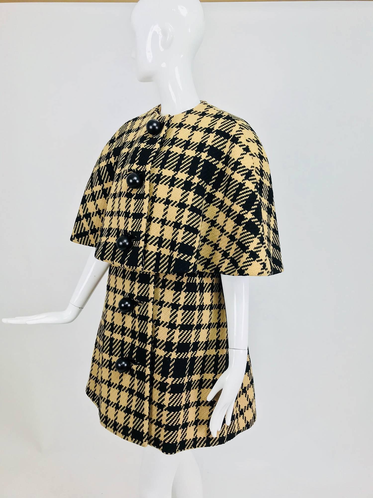 Women's Rudi Gernreich vintage 1960s mod black and tan wool plaid mini cape tent coat