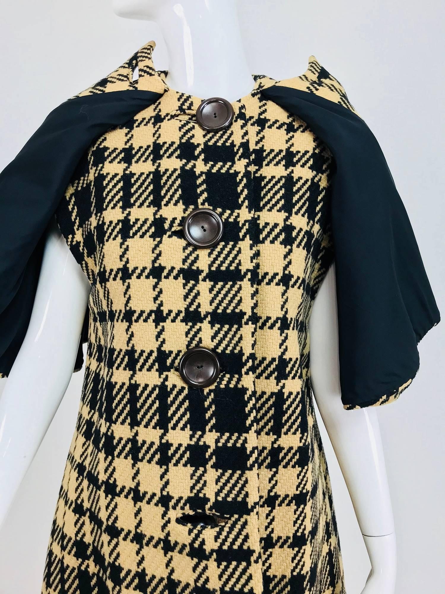 Rudi Gernreich vintage 1960s mod black and tan wool plaid mini cape tent coat 1