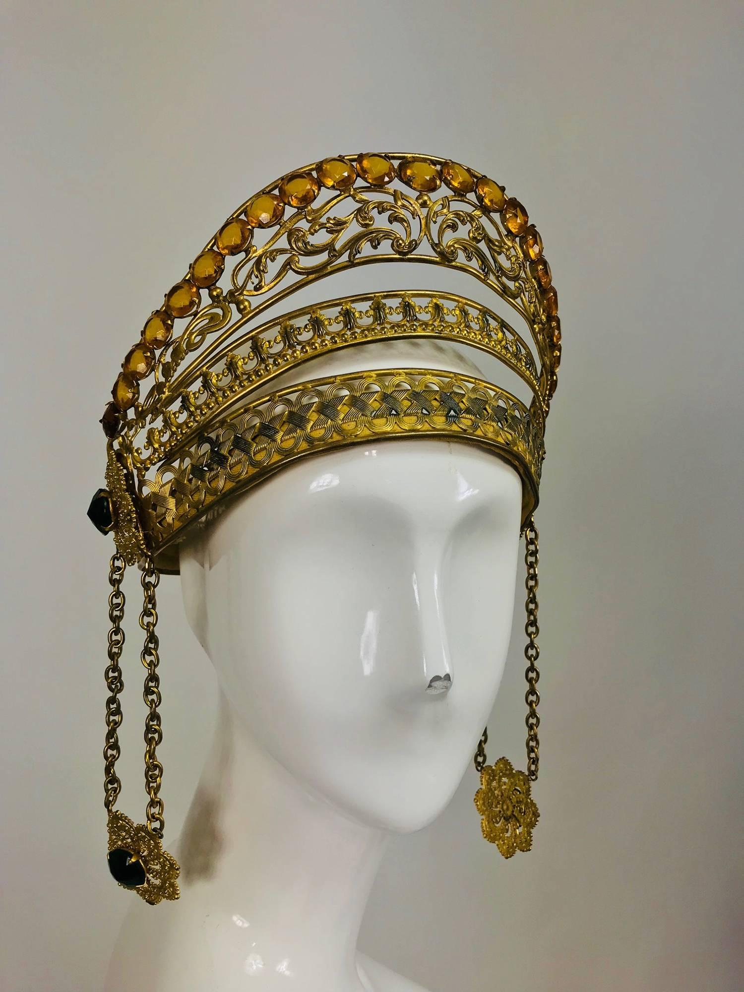 Gray Rare Crown headdress gilt metal with jewels and side drops early 1900s